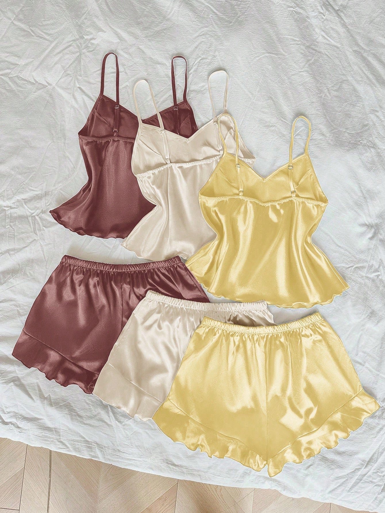 3pcs Contrast Color Ruffle Trim Faux Silk Pajama Set