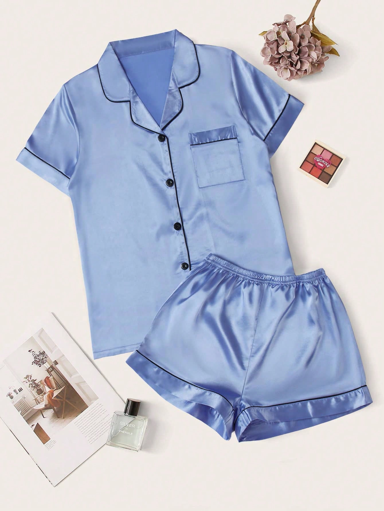 Contrast Piping Satin PJ Set Baby Blue