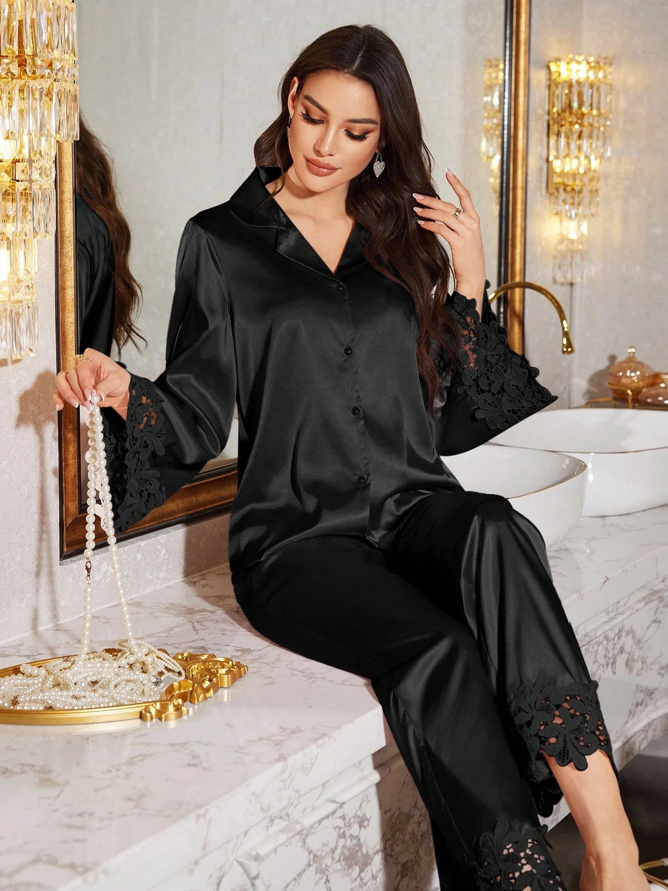 Women Lace Trim Sleepwear Pajama Set
