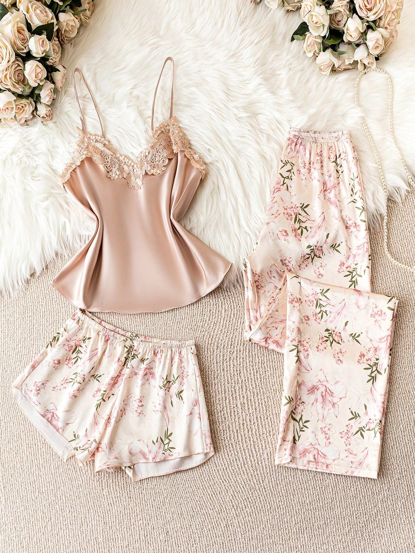 LuxeNights Floral Print Appliques Satin PJ Set