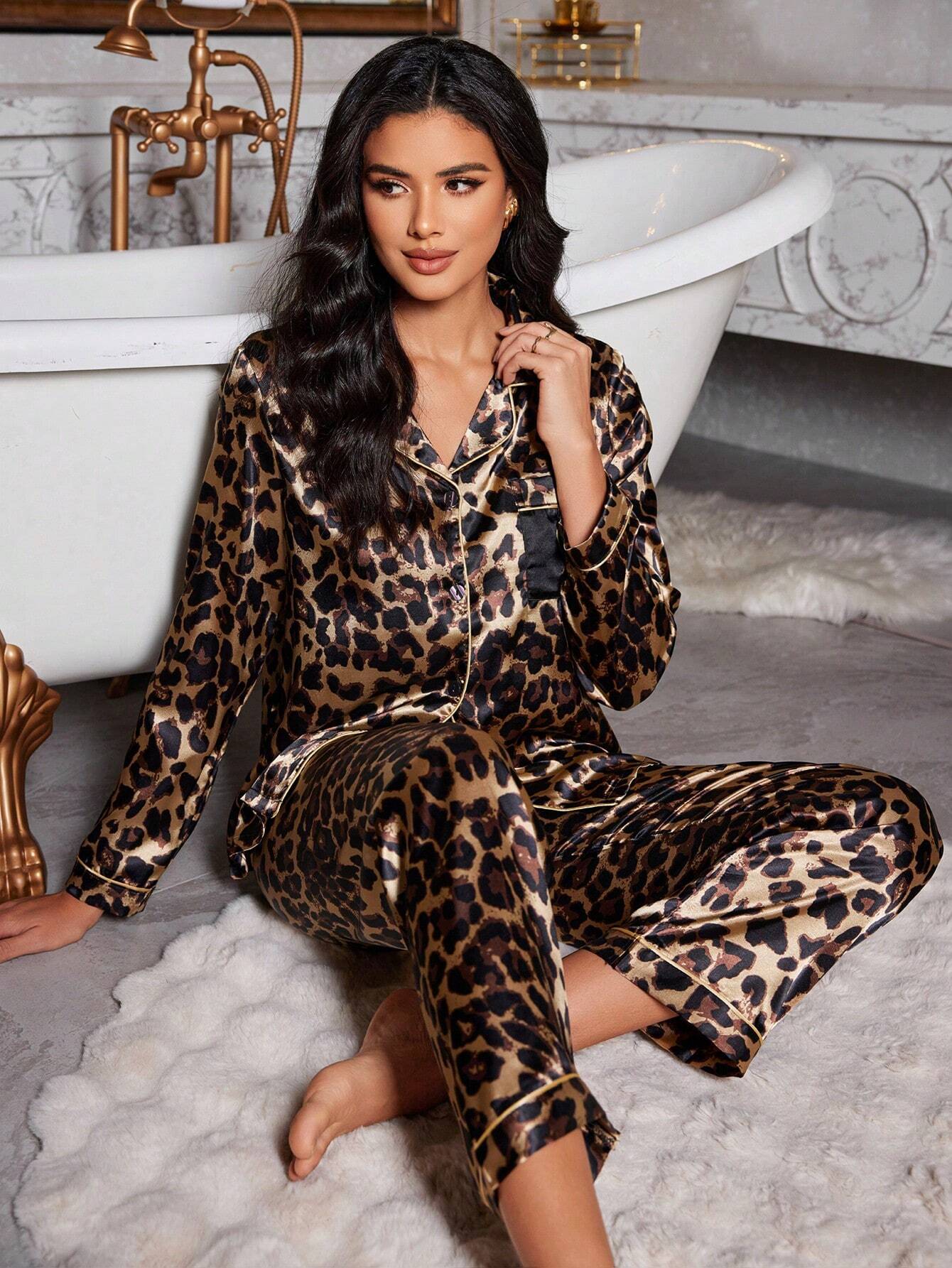 LuxeNights Leopard Print Silk-Like Lapel Top And Long Pants Women Pajama Set