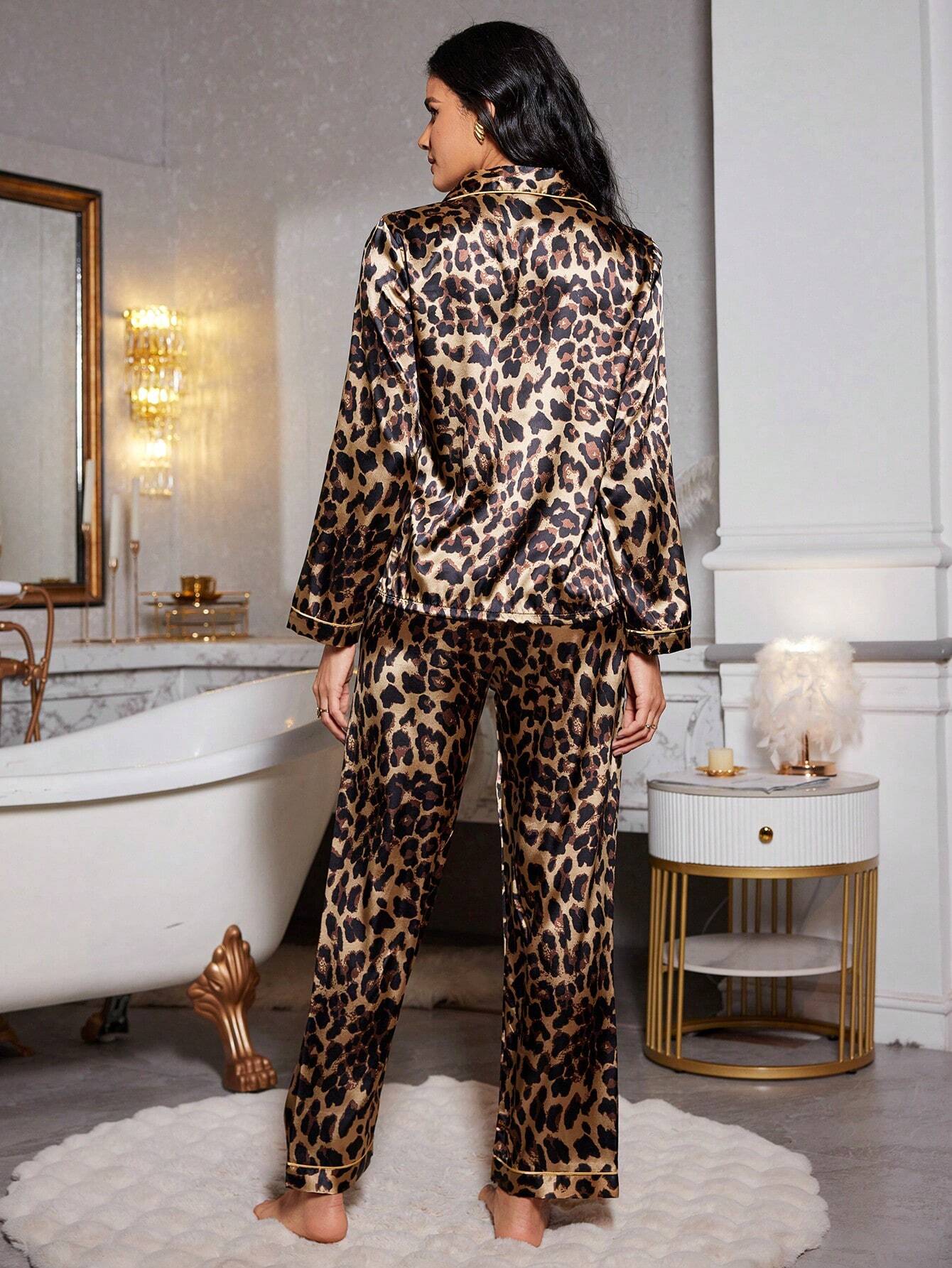 LuxeNights Leopard Print Silk-Like Lapel Top And Long Pants Women Pajama Set