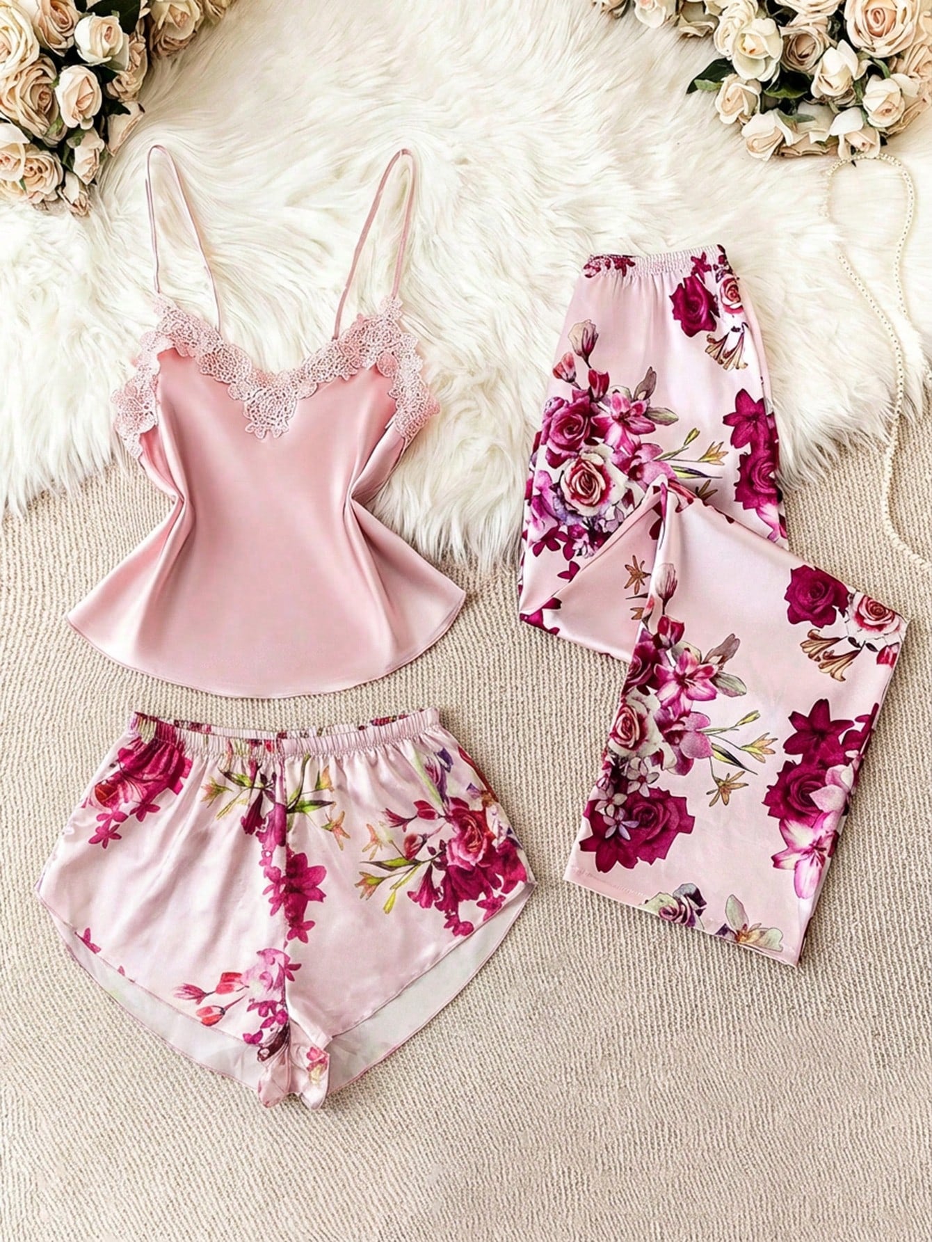 LuxeNights Floral Print Appliques Satin PJ Set