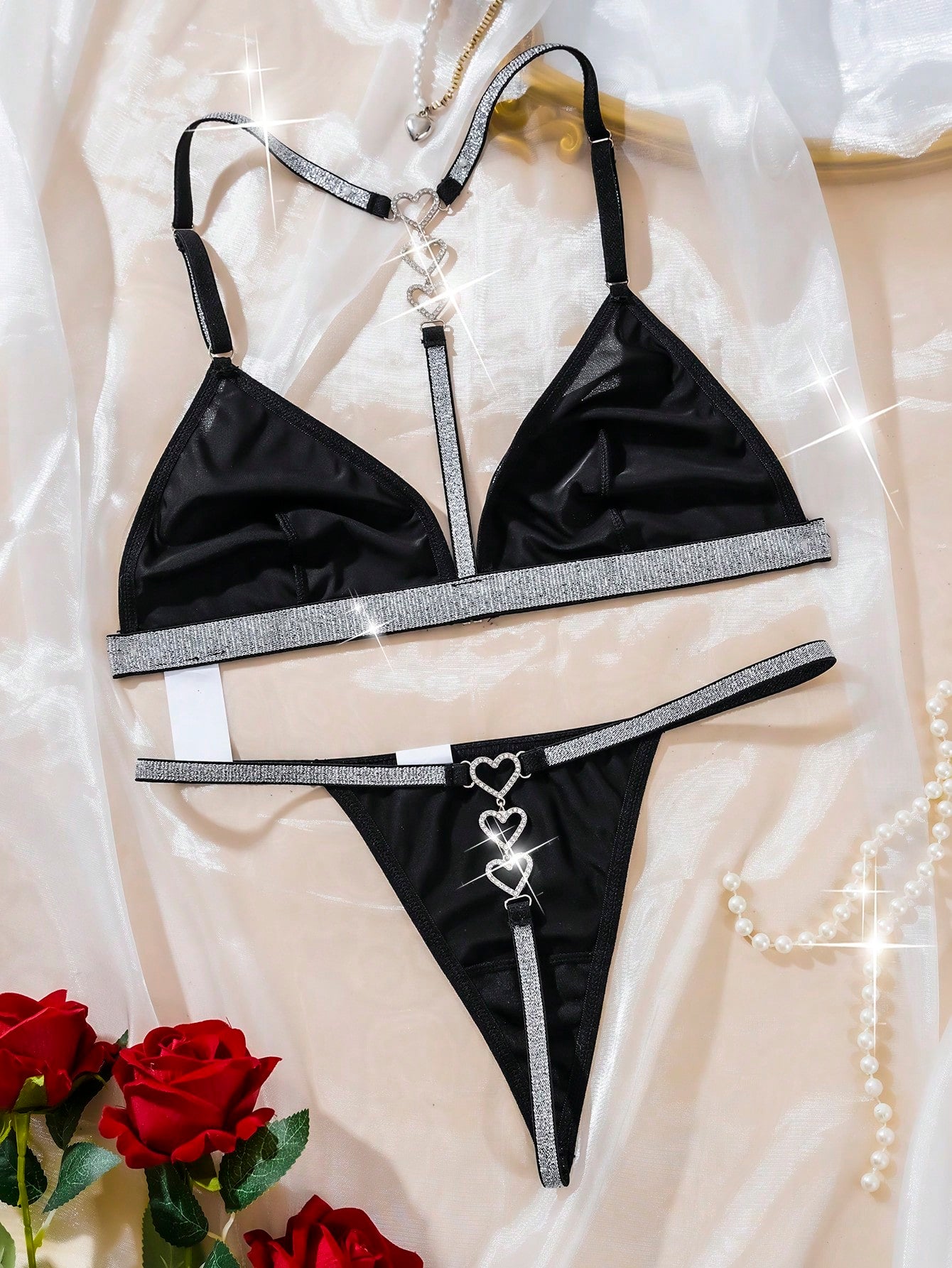 MidnightGlam 2pcs Set Heart Shaped Rhinestone Decor Glitter Lingerie Set