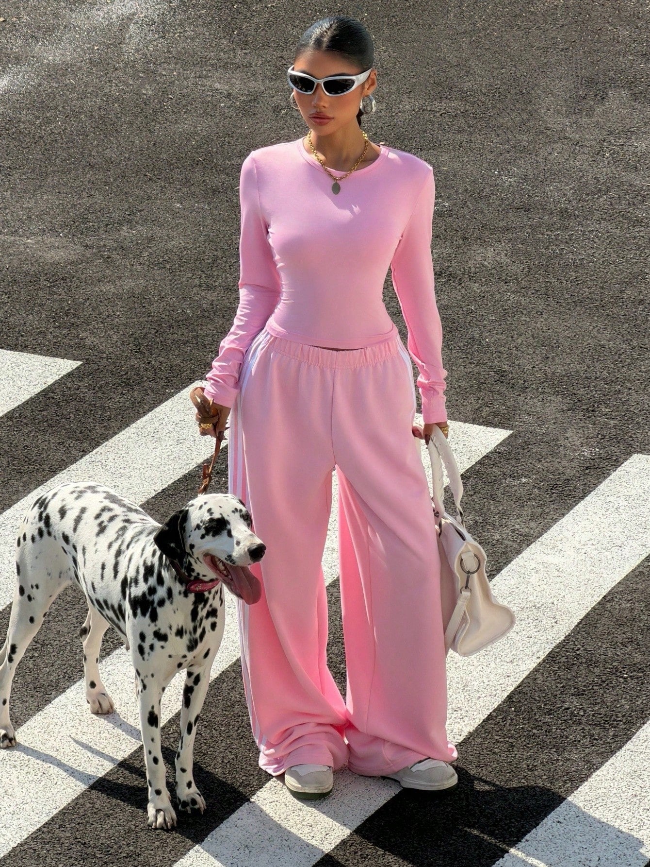 Solid Color Round Neck Long Sleeve Top And Elastic Waist Wide Leg Pants