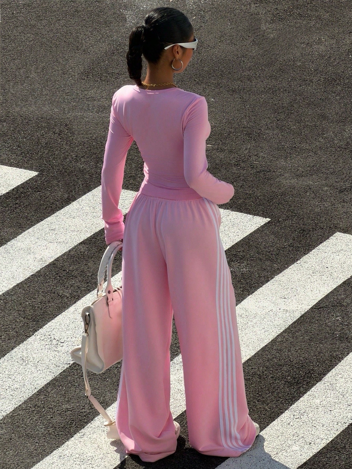 Solid Color Round Neck Long Sleeve Top And Elastic Waist Wide Leg Pants
