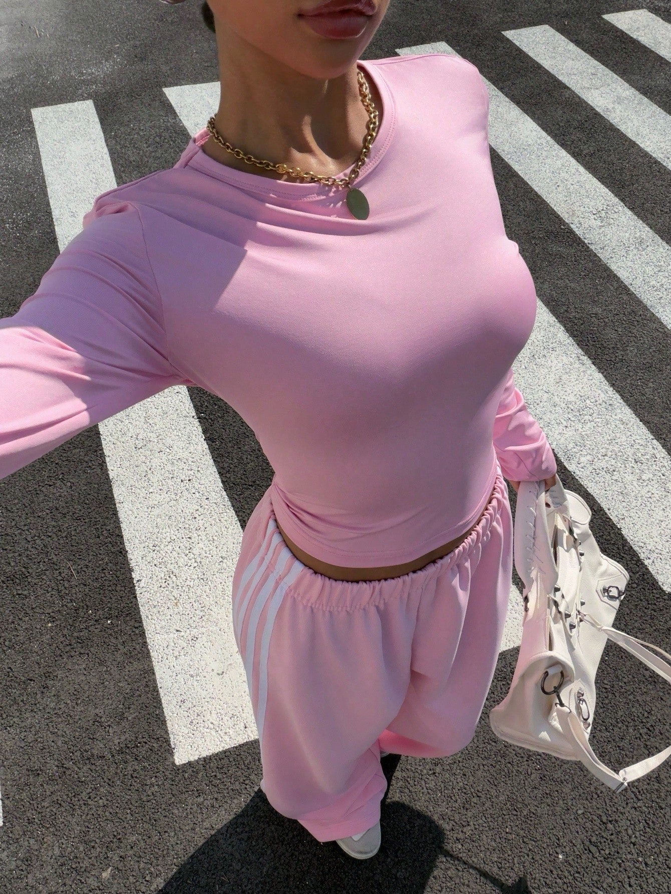 Solid Color Round Neck Long Sleeve Top And Elastic Waist Wide Leg Pants