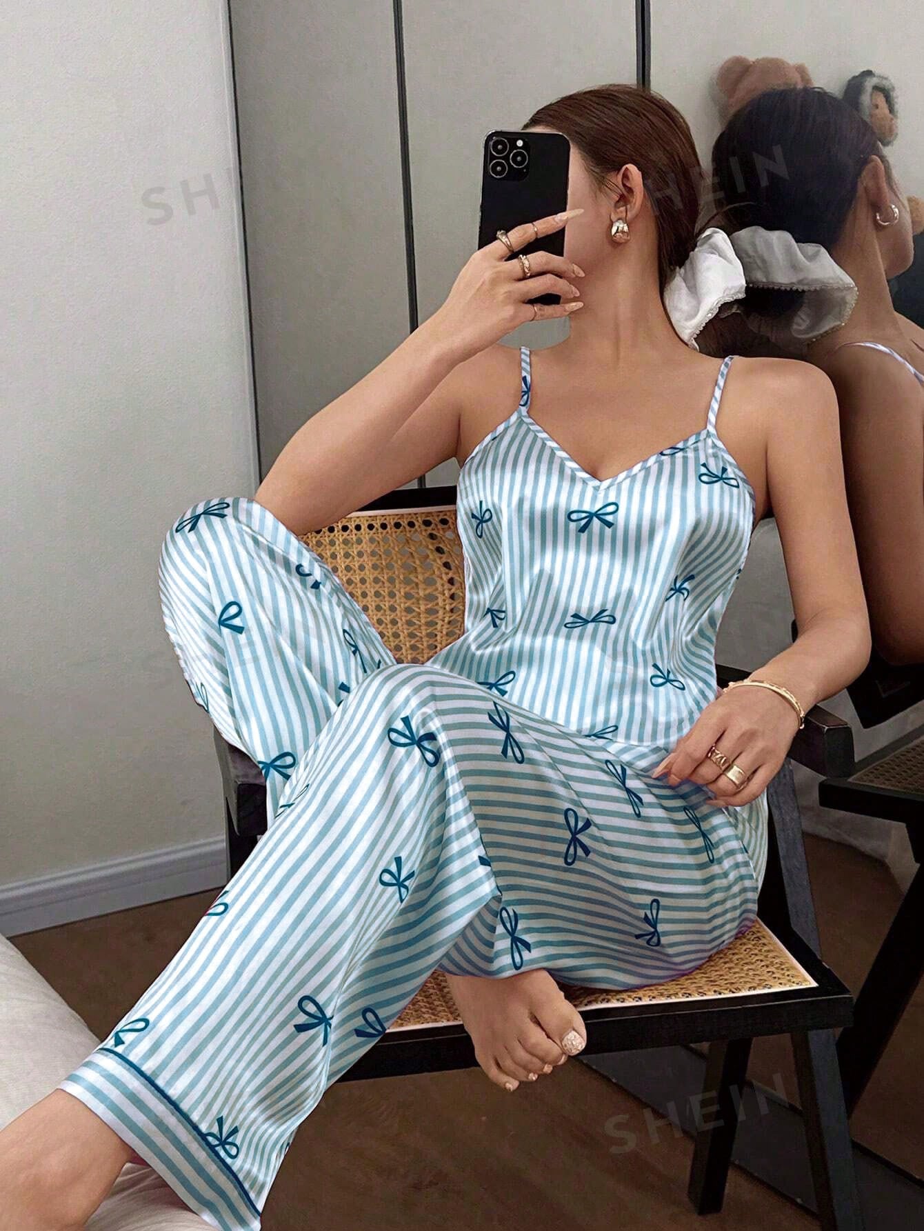 Satin Striped Bow Print Sleeveless Spaghetti Strap Long Pajama Set