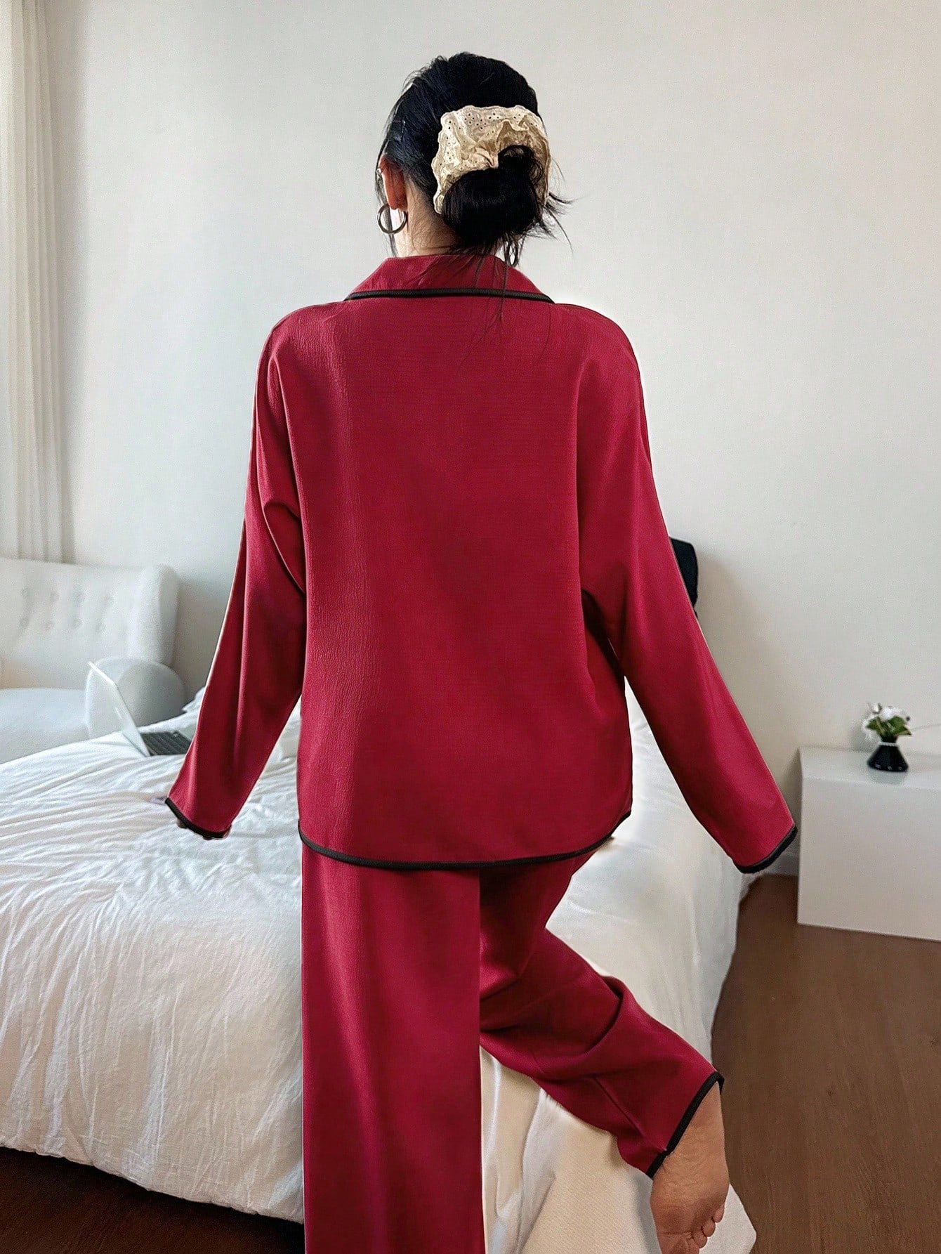 Contrast Trim Lapel Loose Long Sleeve Pajama Set
