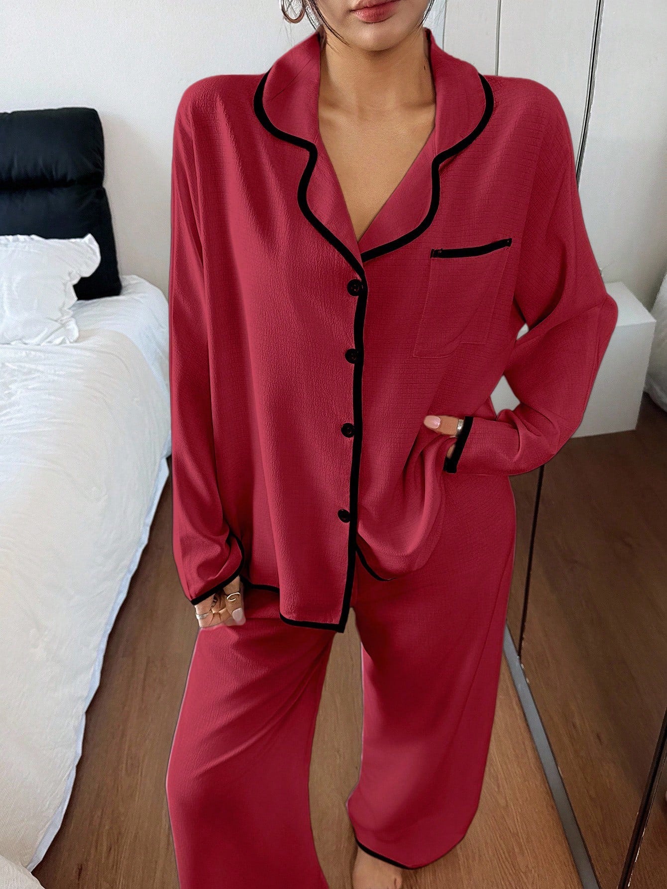 Contrast Trim Lapel Loose Long Sleeve Pajama Set