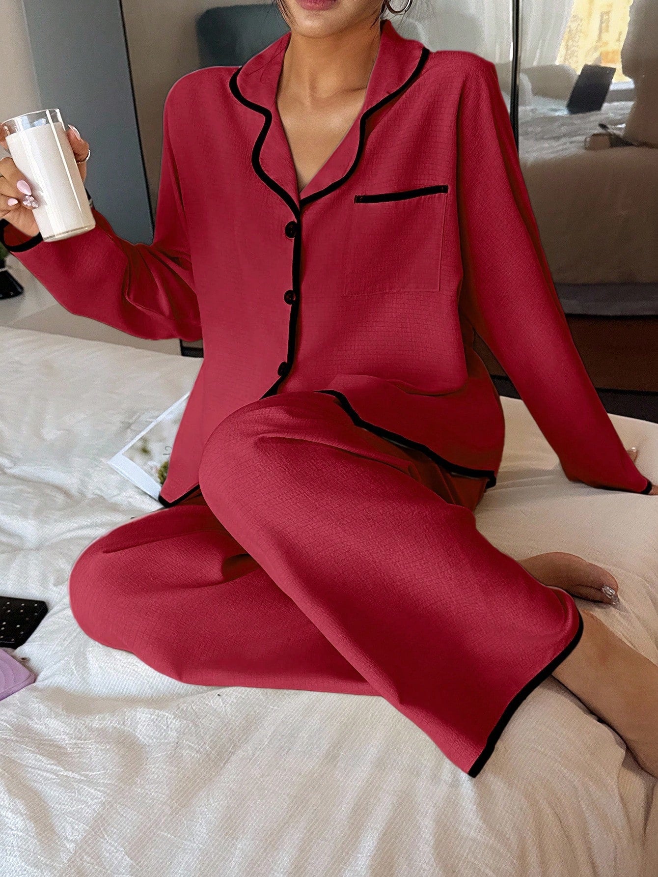 Contrast Trim Lapel Loose Long Sleeve Pajama Set