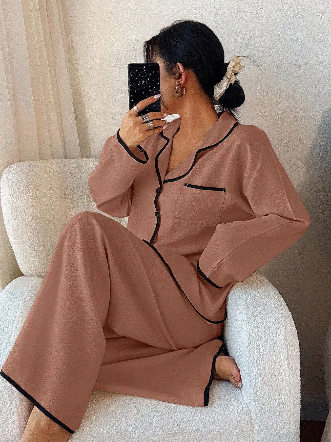 Contrast Trim Lapel Loose Long Sleeve Pajama Set