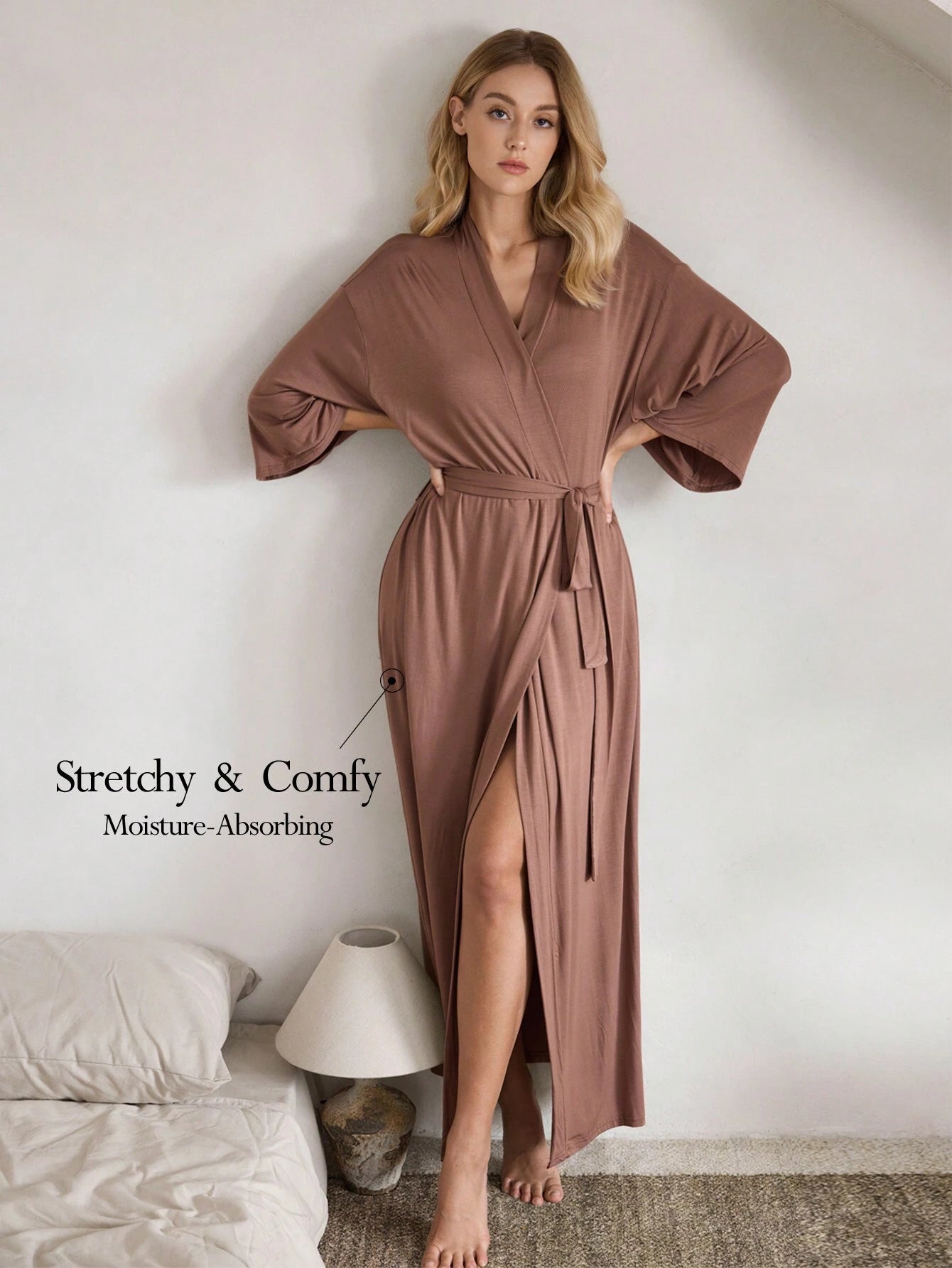 1pc Women Long Sleeve Plain Simple Casual Comfortable Smooth Bathrobe