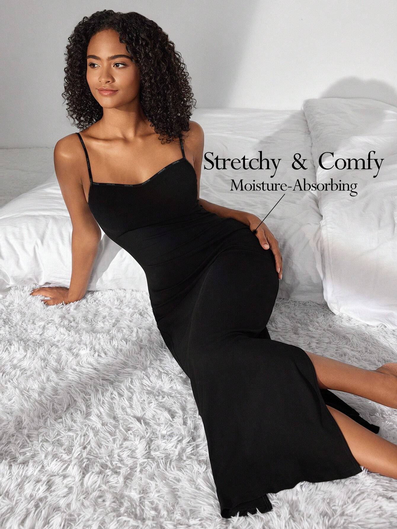 Solid Color Square Neck Side Slit Spaghetti Strap Slim Fit Camisole Home Dress