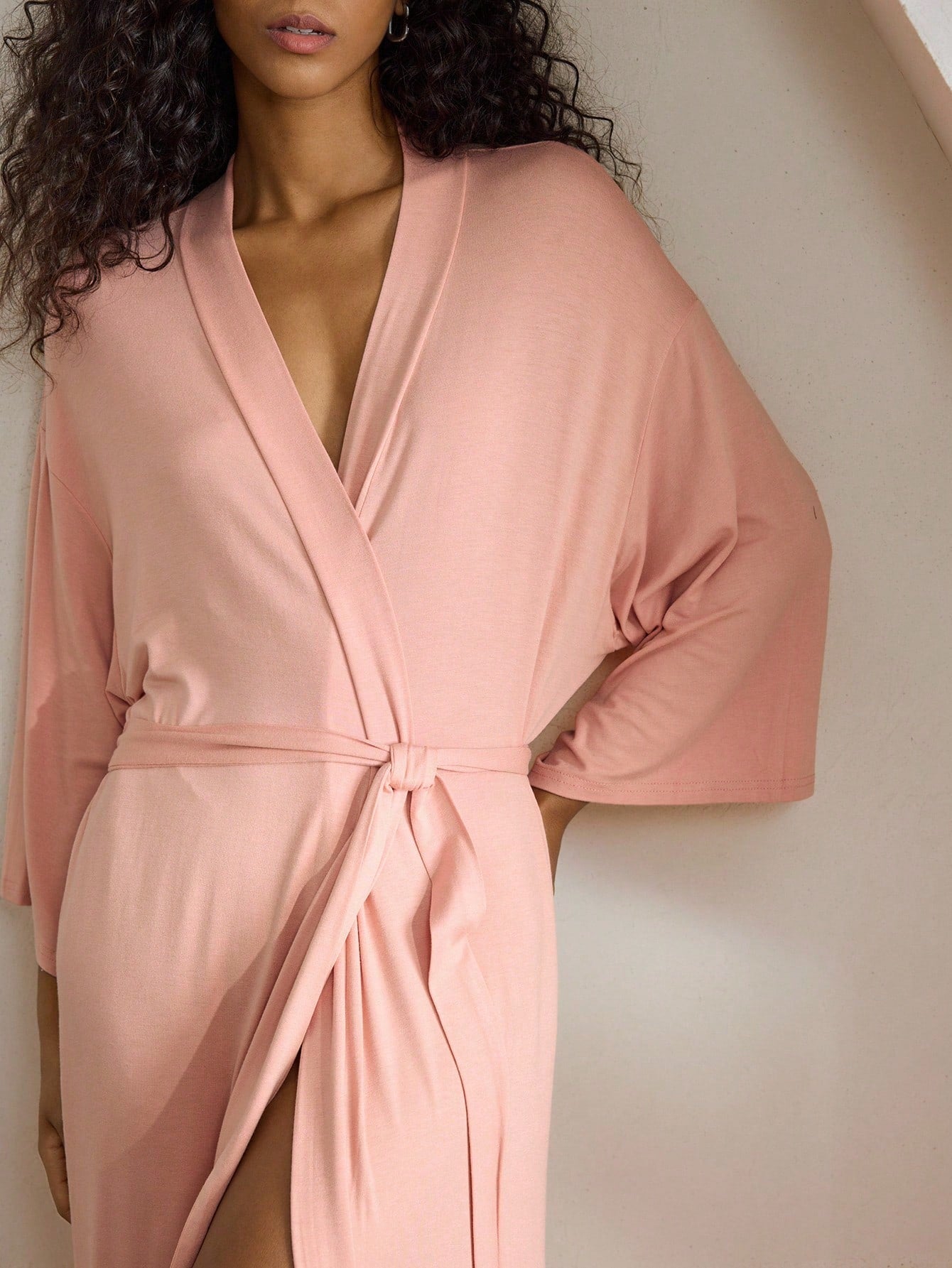 1pc Women Long Sleeve Plain Simple Casual Comfortable Smooth Bathrobe