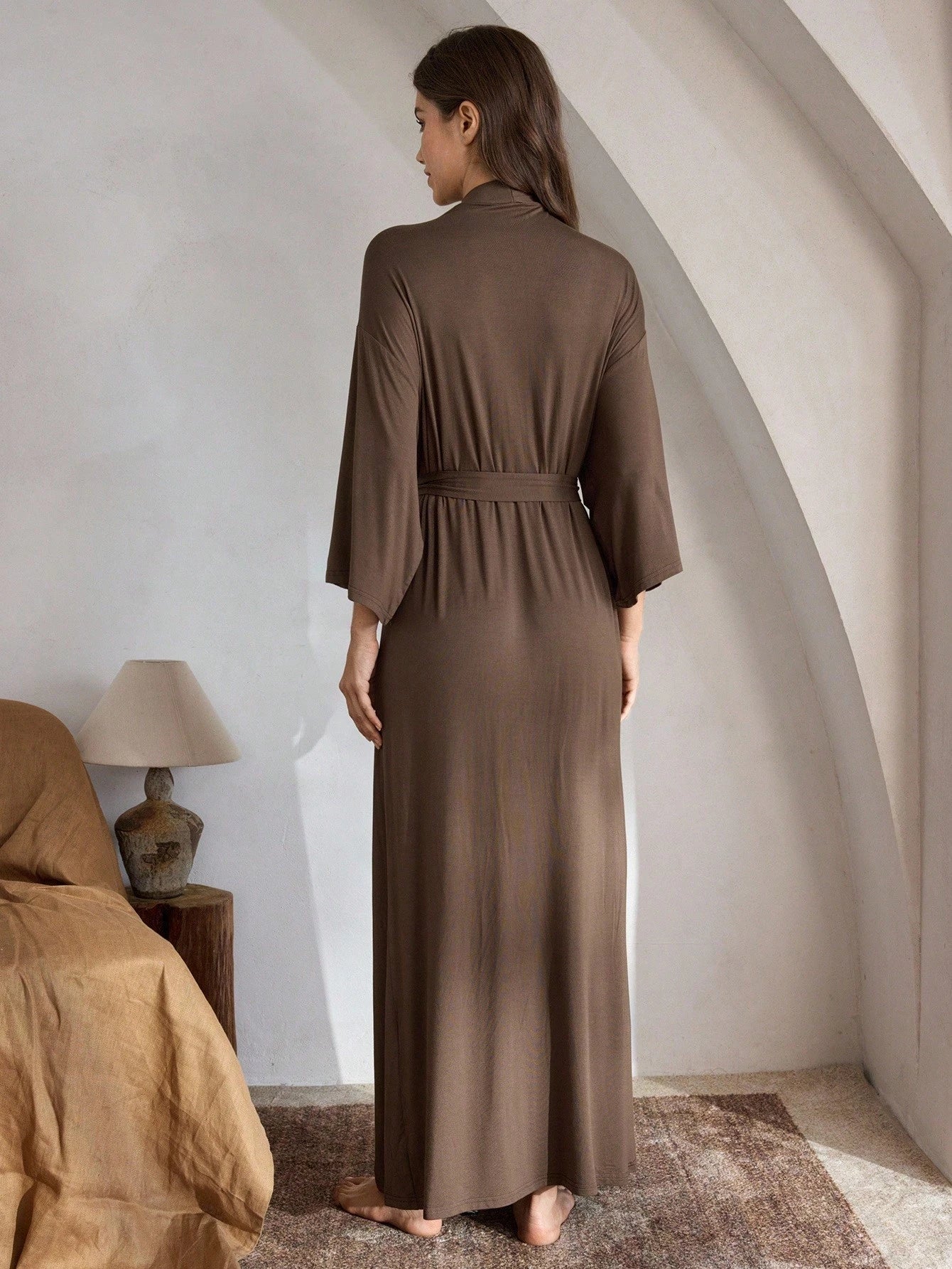 1pc Women Long Sleeve Plain Simple Casual Comfortable Smooth Bathrobe