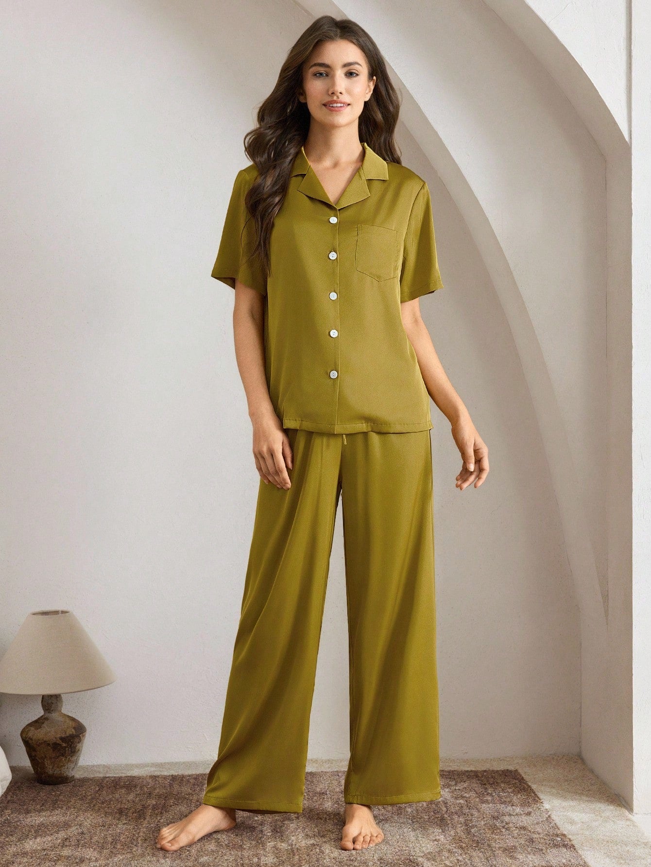 Ocili Leisure Leisure Soft & Silky Satin Fabric Lapel Pajama Sets