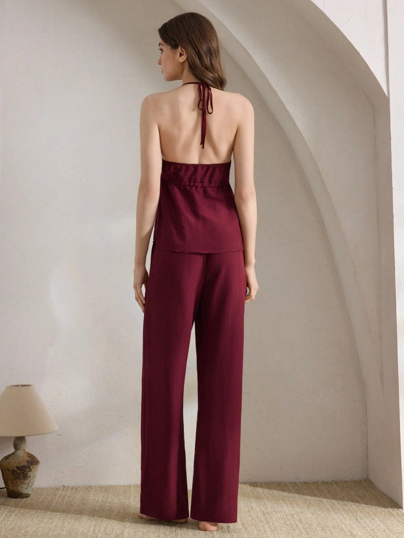 Women Summer Solid Ruffle Hem Halter Neck Top And Pants