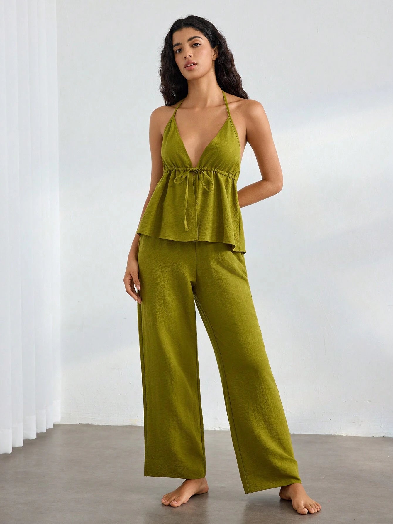 Women Summer Solid Ruffle Hem Halter Neck Top And Pants