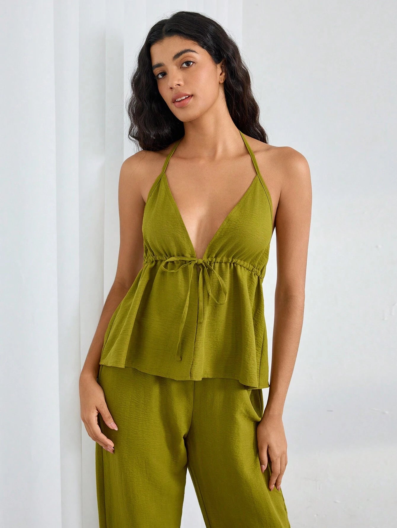Women Summer Solid Ruffle Hem Halter Neck Top And Pants