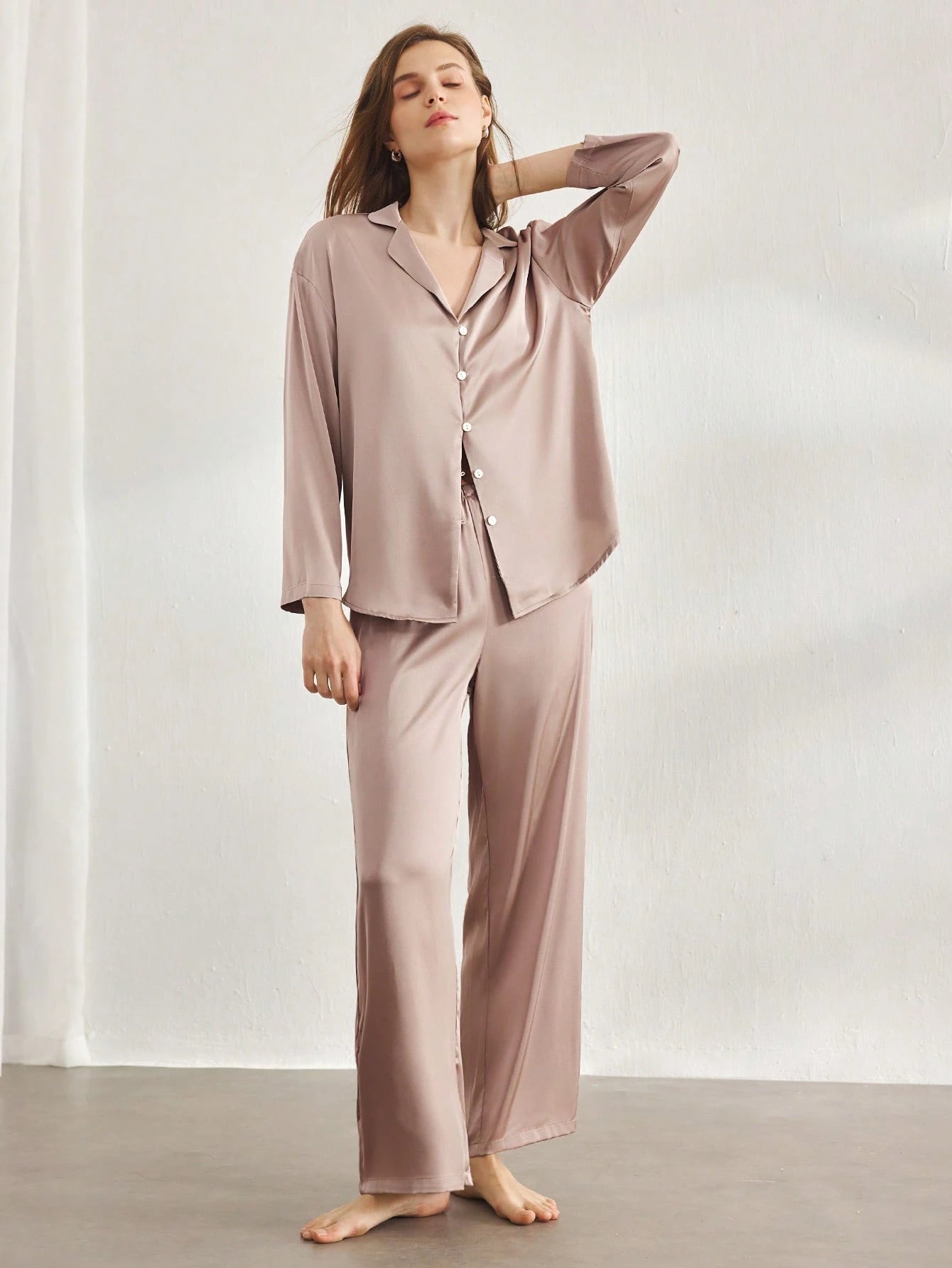 Women's Satin Silky Loose Long Sleeve Pajama Set
