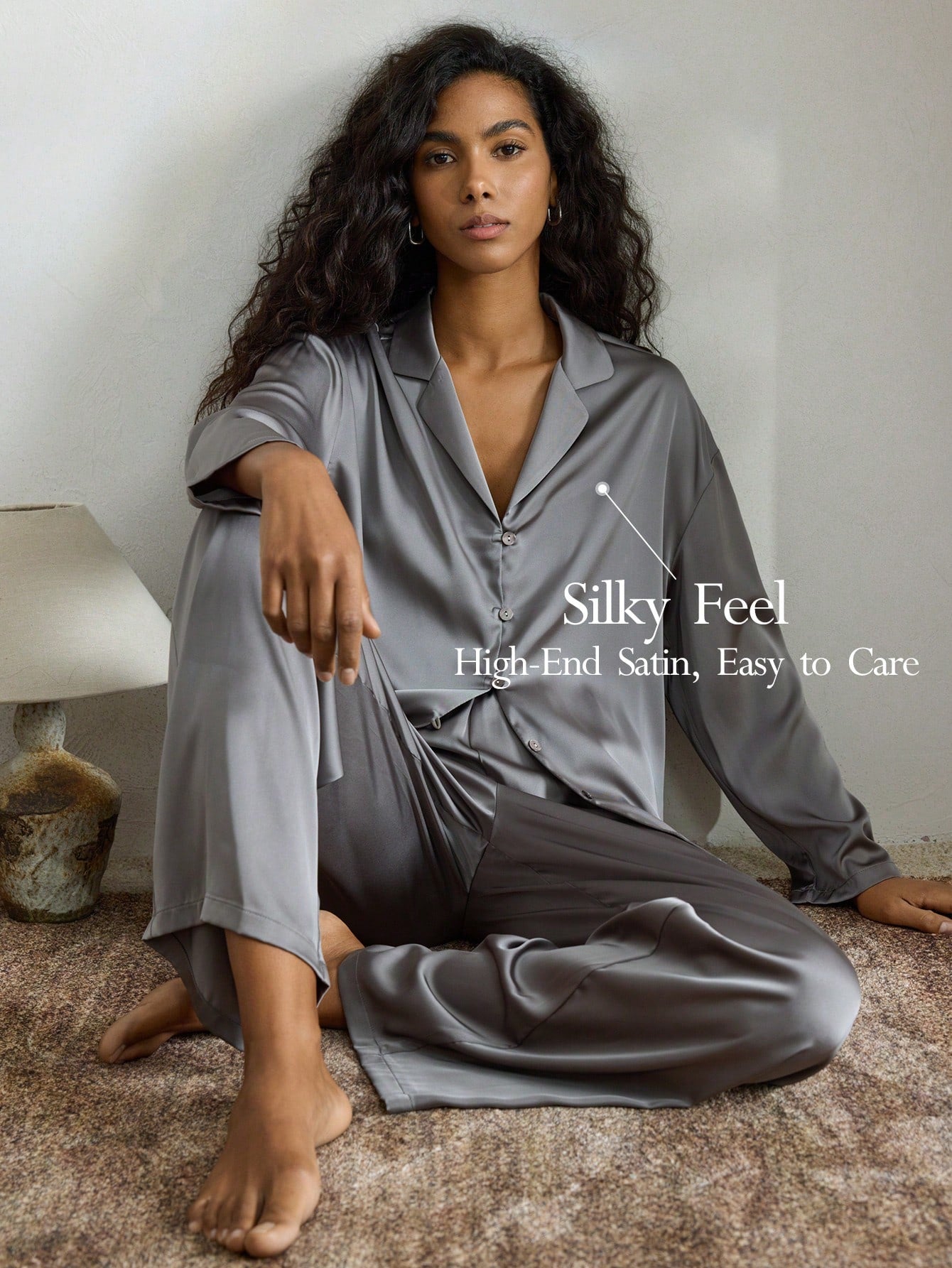 Women's Satin Silky Loose Long Sleeve Pajama Set