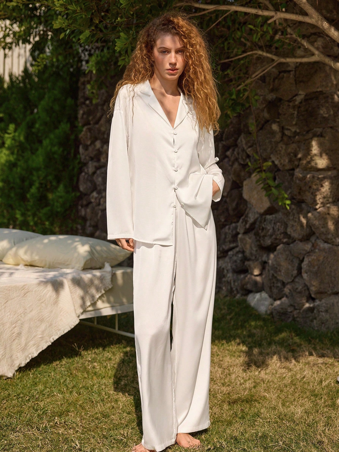 Women's Satin Silky Loose Long Sleeve Pajama Set