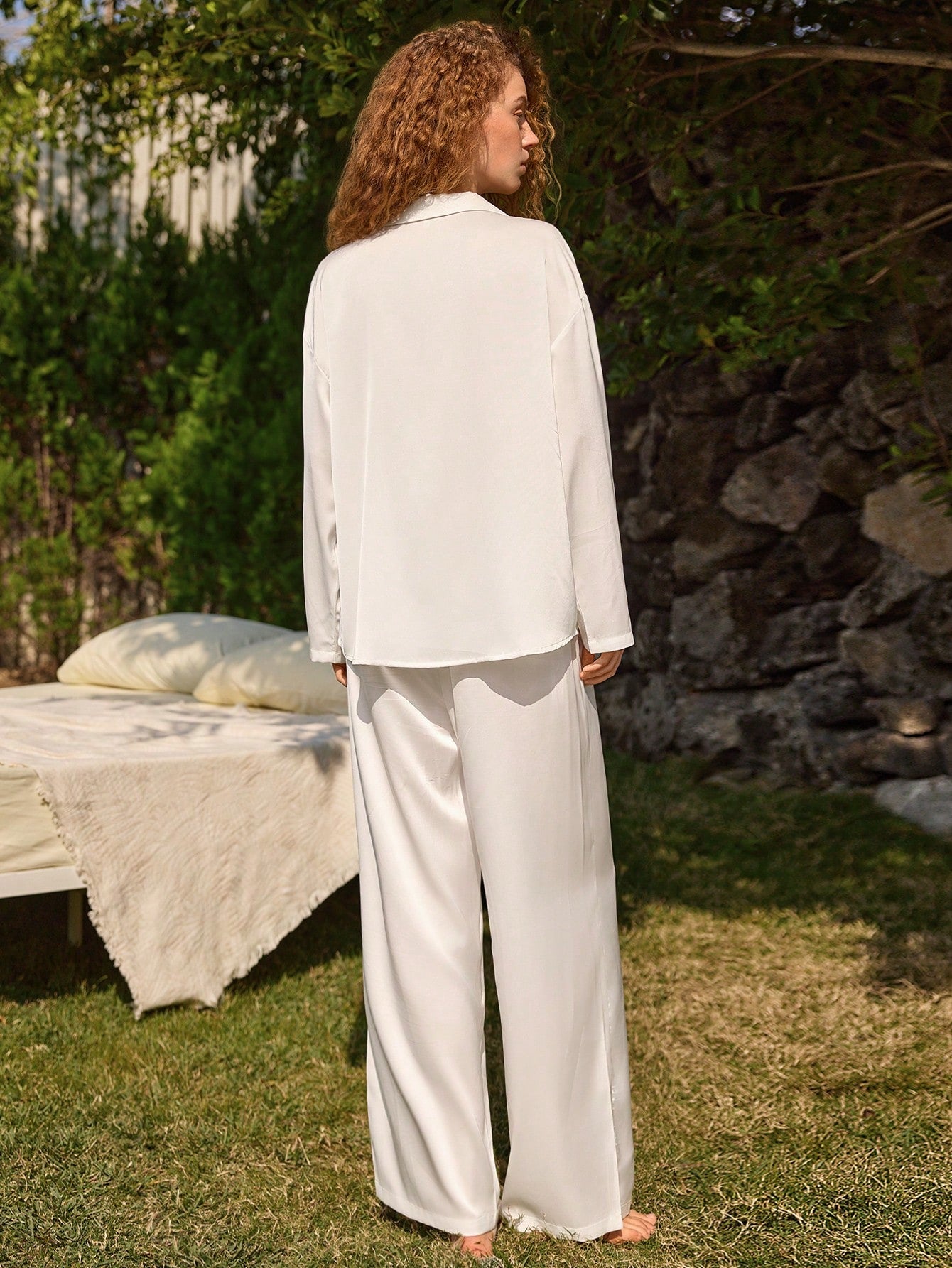 Women's Satin Silky Loose Long Sleeve Pajama Set