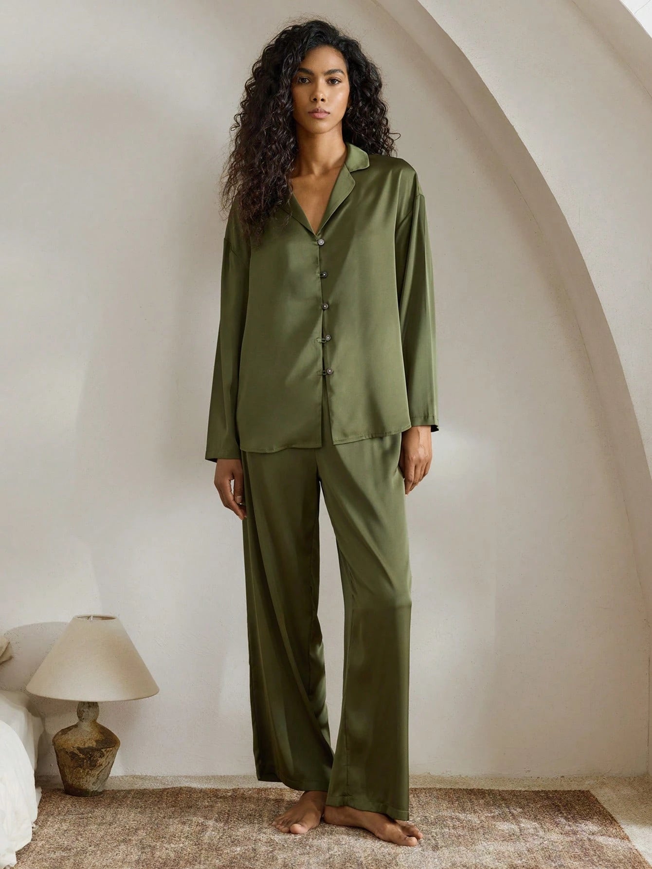 Women's Satin Silky Loose Long Sleeve Pajama Set