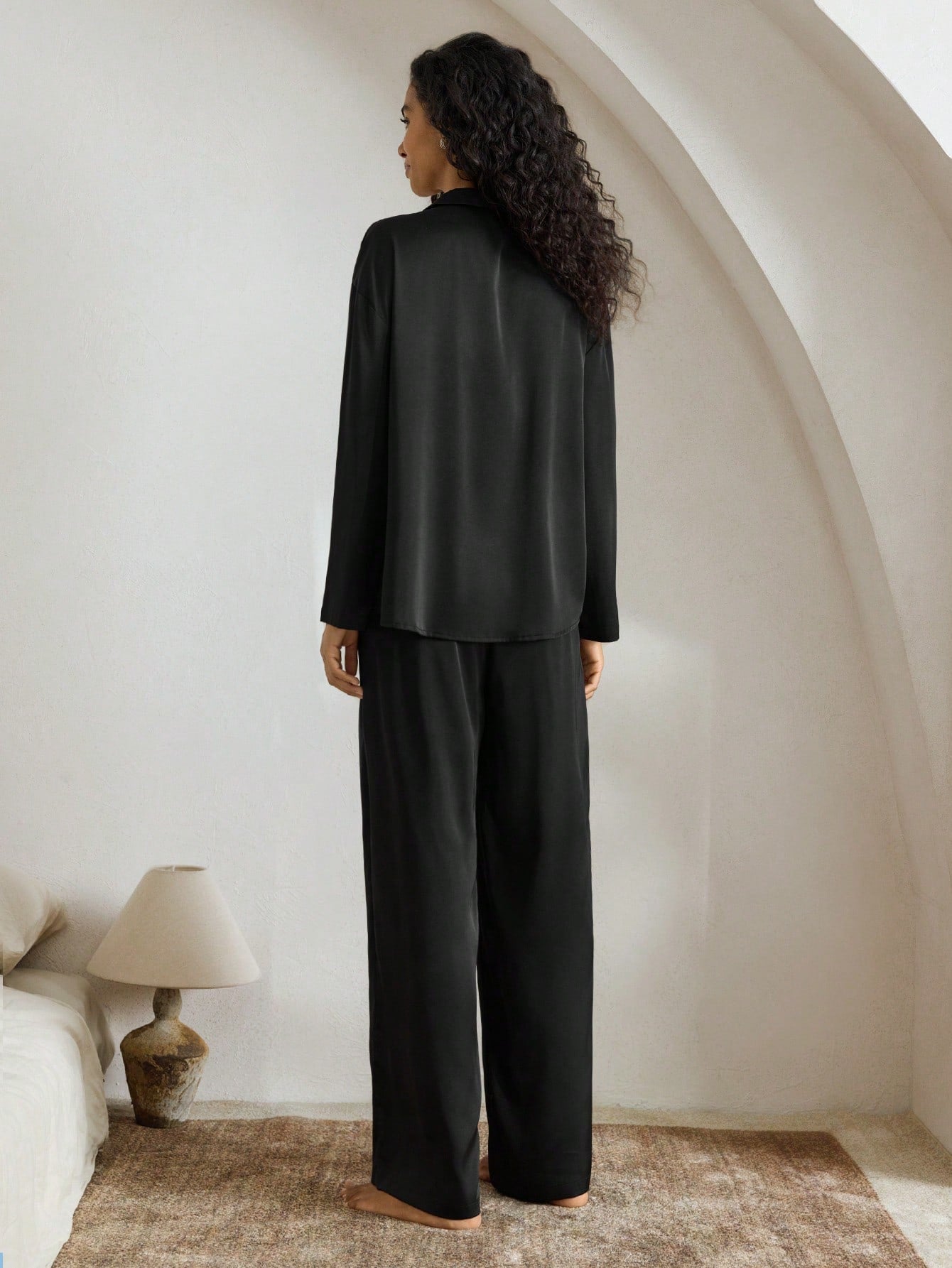 Women's Satin Silky Loose Long Sleeve Pajama Set