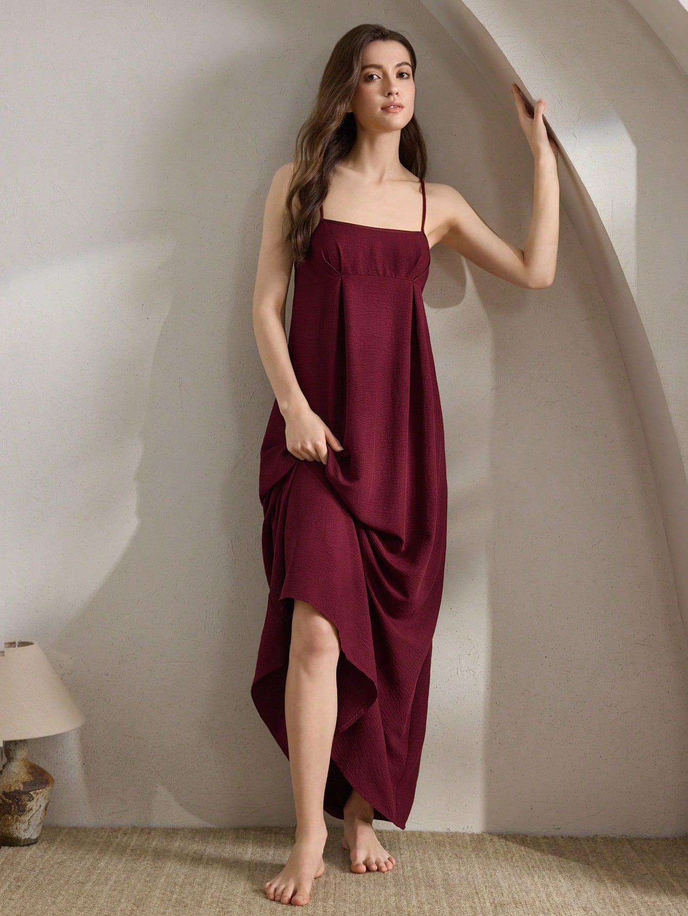 Women's Solid Color Bust Pleated Camisole Nightgown