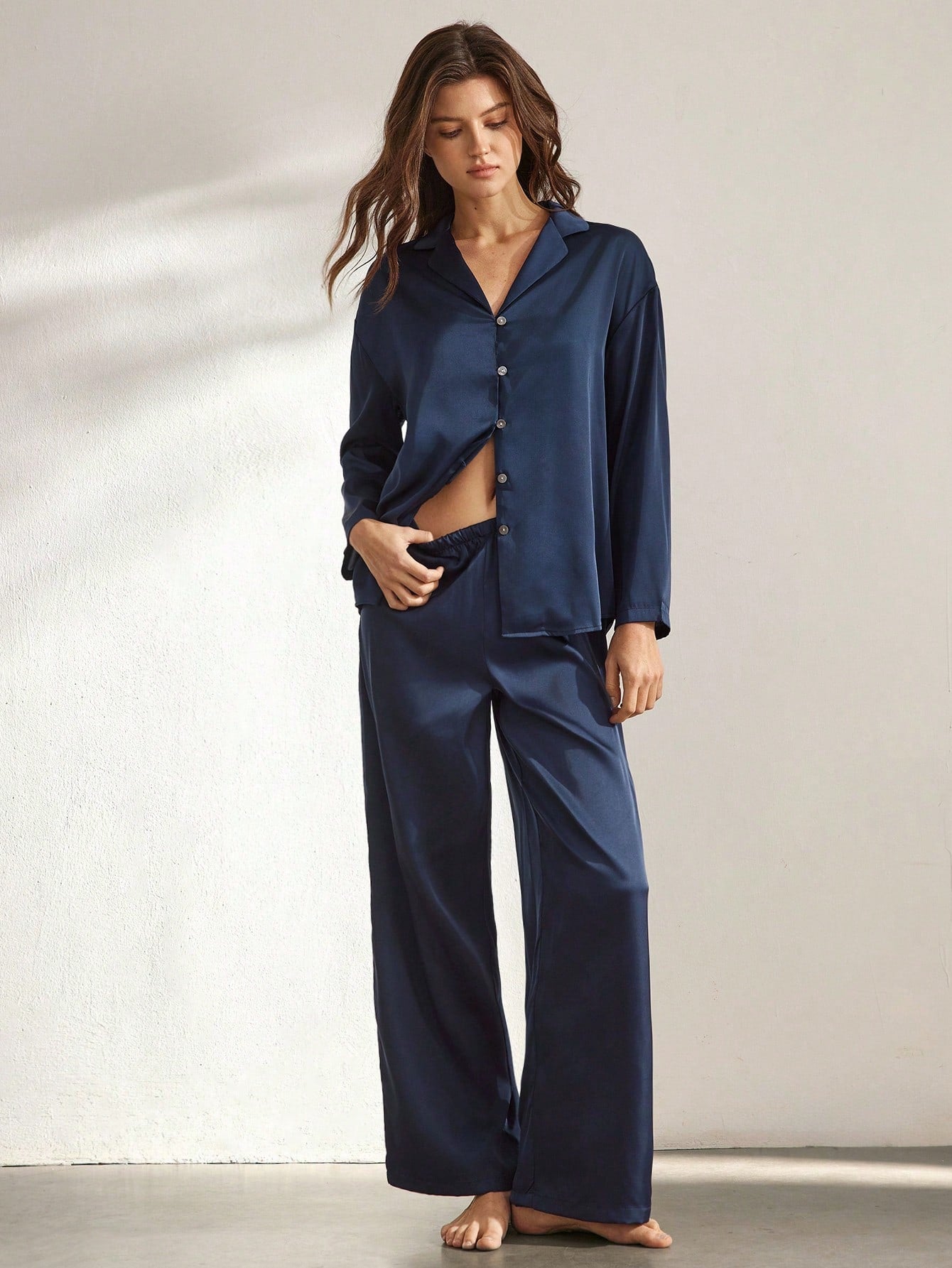 Women's Satin Sleepwear Pajama Set Navy Blue