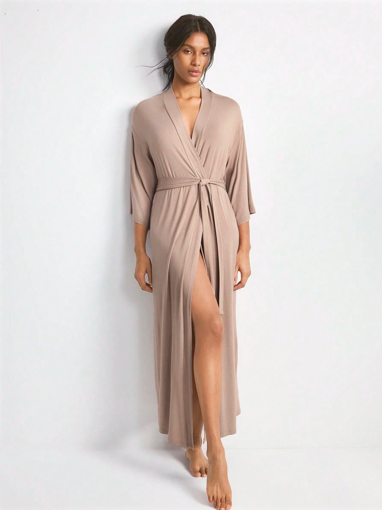 Comfortable & Smooth 3/4 Sleeve Loose Lounge Robe Khaki