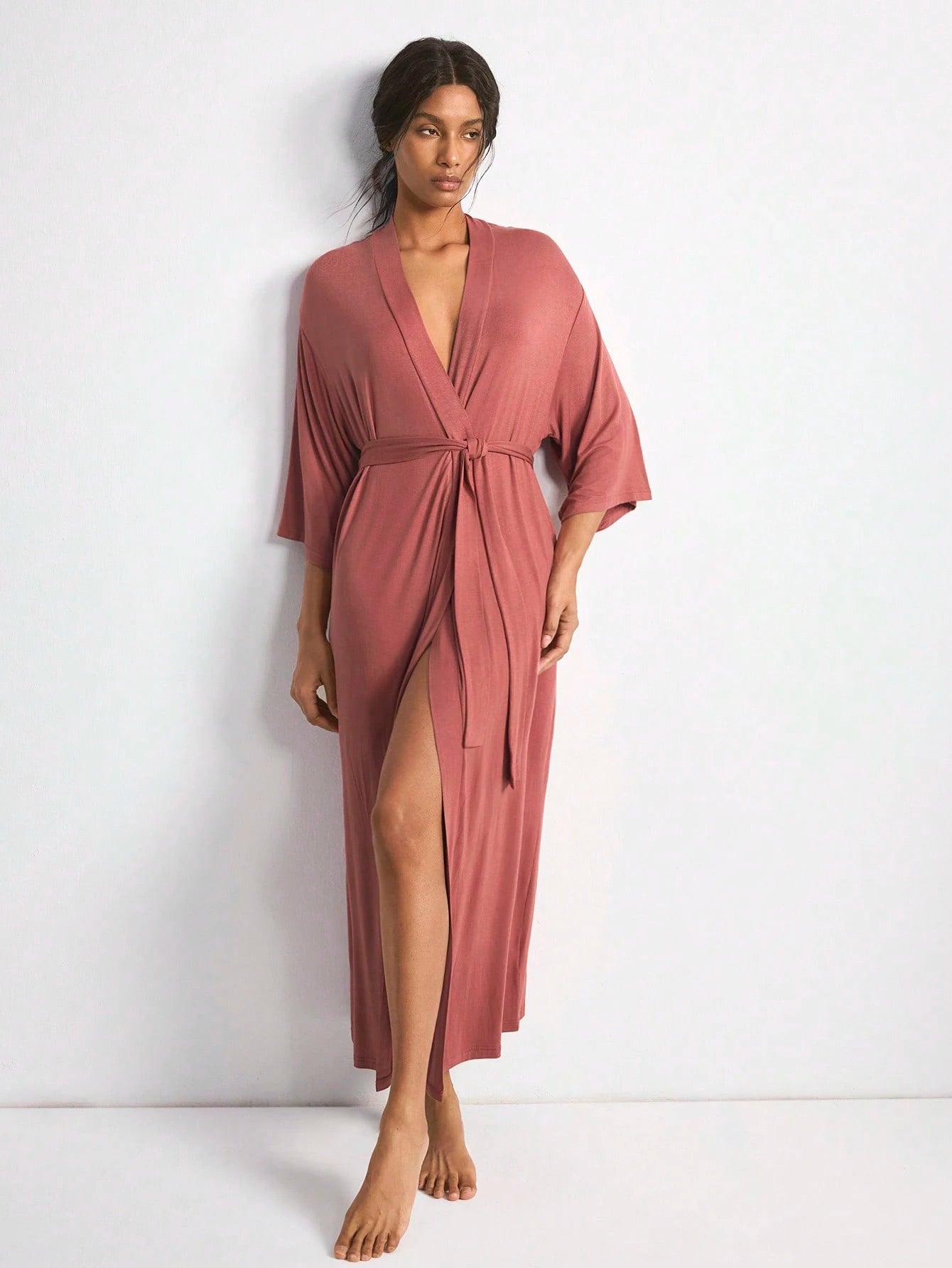 Comfortable & Smooth 3/4 Sleeve Loose Lounge Robe Dusty Pink