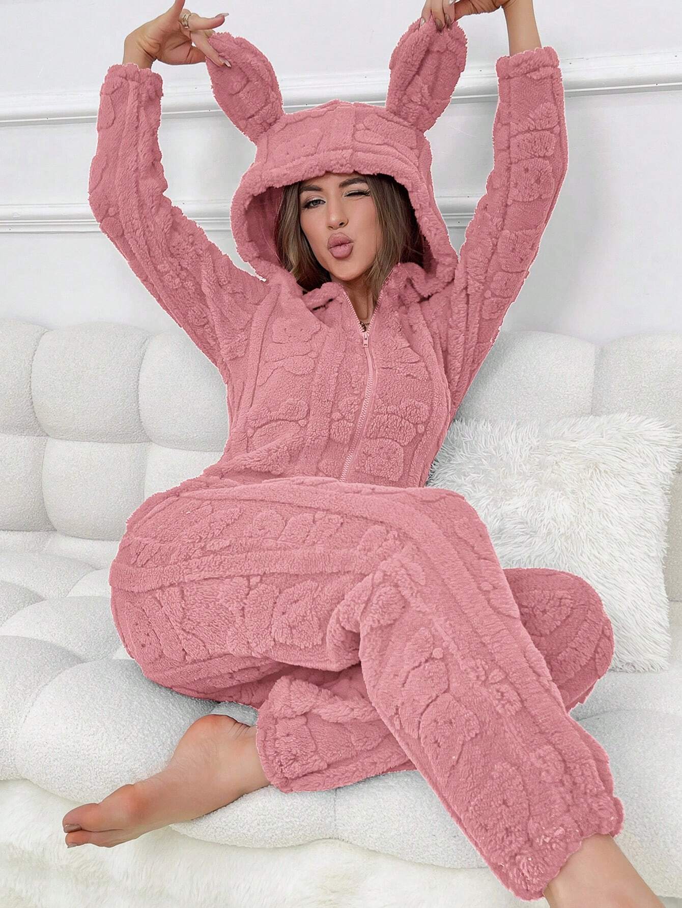 Women's Animal Ear Design Plush Fluffy Jumpsuit