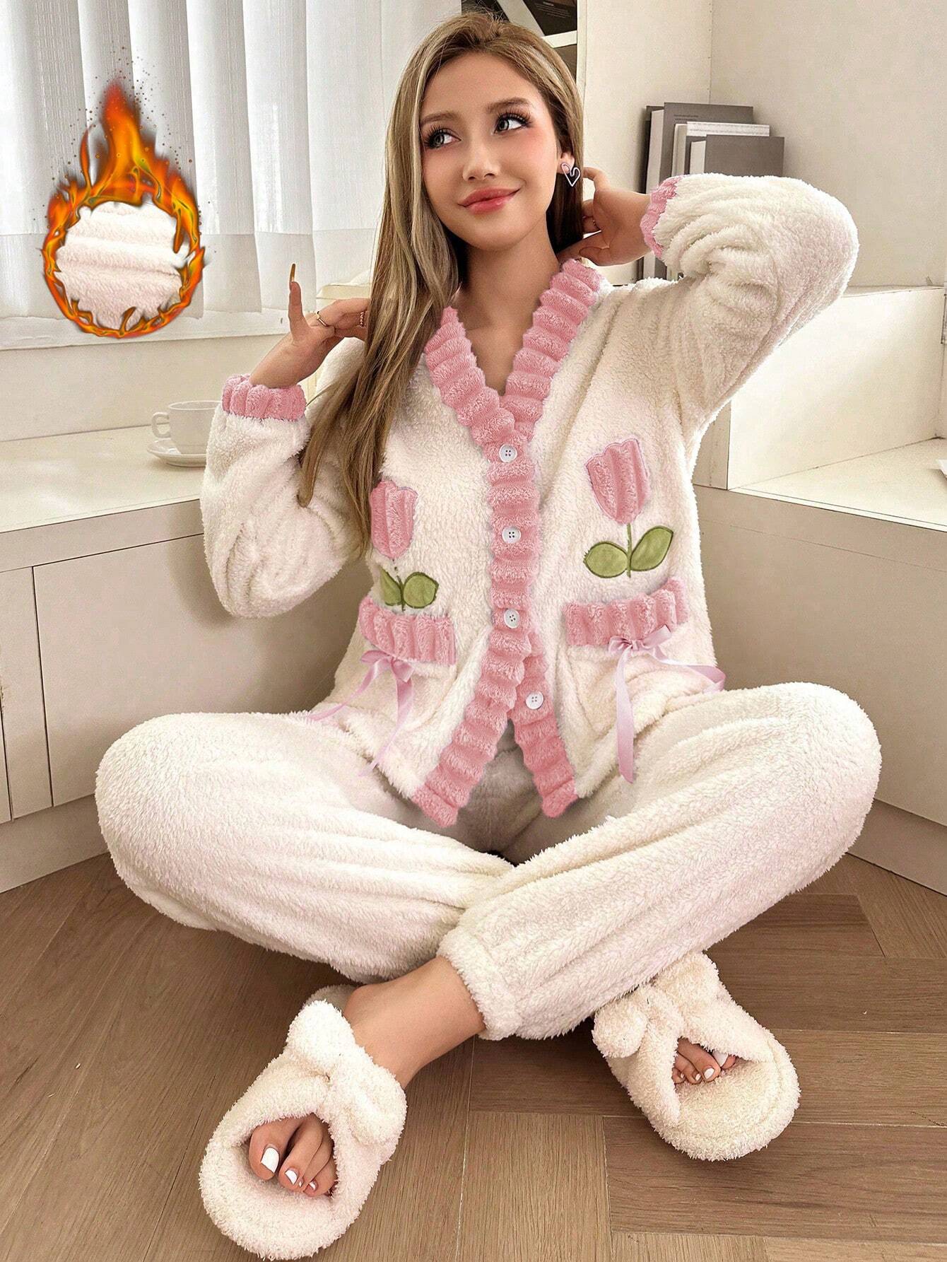 Pocket Bowknot Tulip Embroidery Contrast Trim Long Sleeve Top & Pants Fluffy Pajama Set