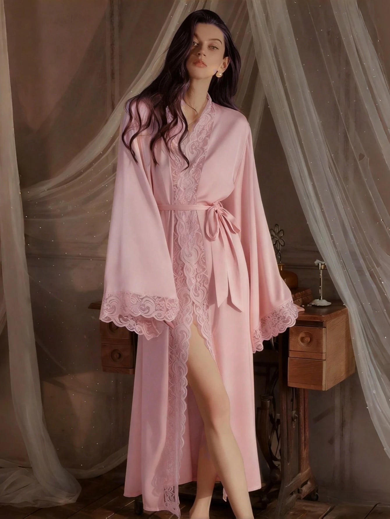 Robe In Lotus Root Color, Soft Lace Trim, Flared Long Sleeves, Silky & Comfortable, With Belt