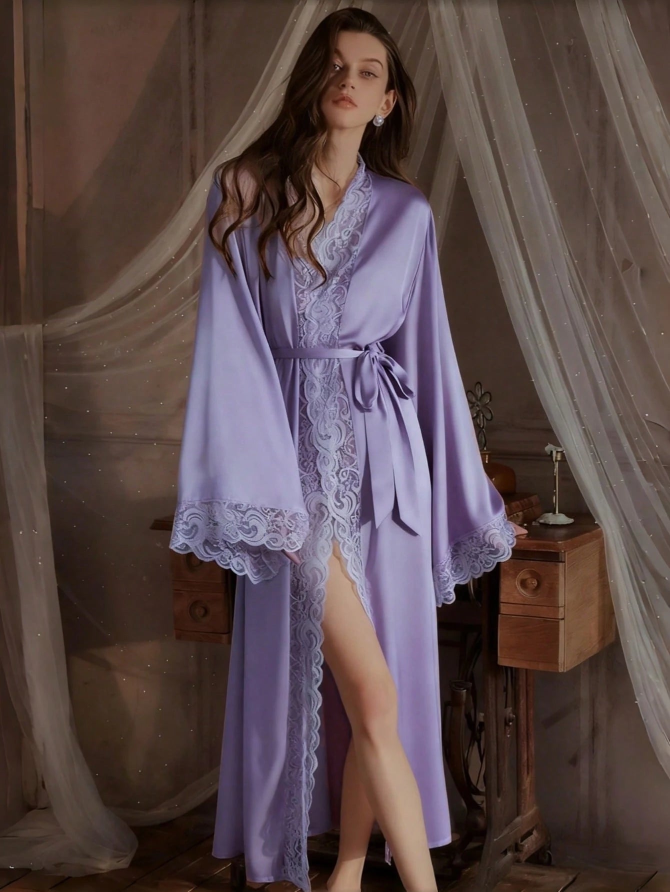 Robe In Lotus Root Color, Soft Lace Trim, Flared Long Sleeves, Silky & Comfortable, With Belt