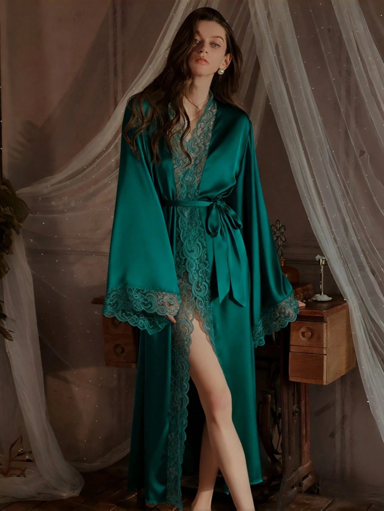 Robe In Lotus Root Color, Soft Lace Trim, Flared Long Sleeves, Silky & Comfortable, With Belt