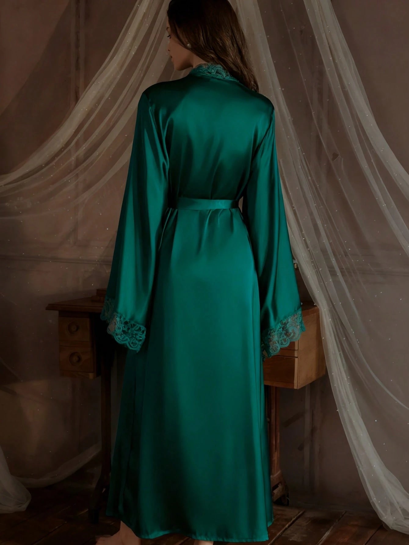 Robe In Lotus Root Color, Soft Lace Trim, Flared Long Sleeves, Silky & Comfortable, With Belt