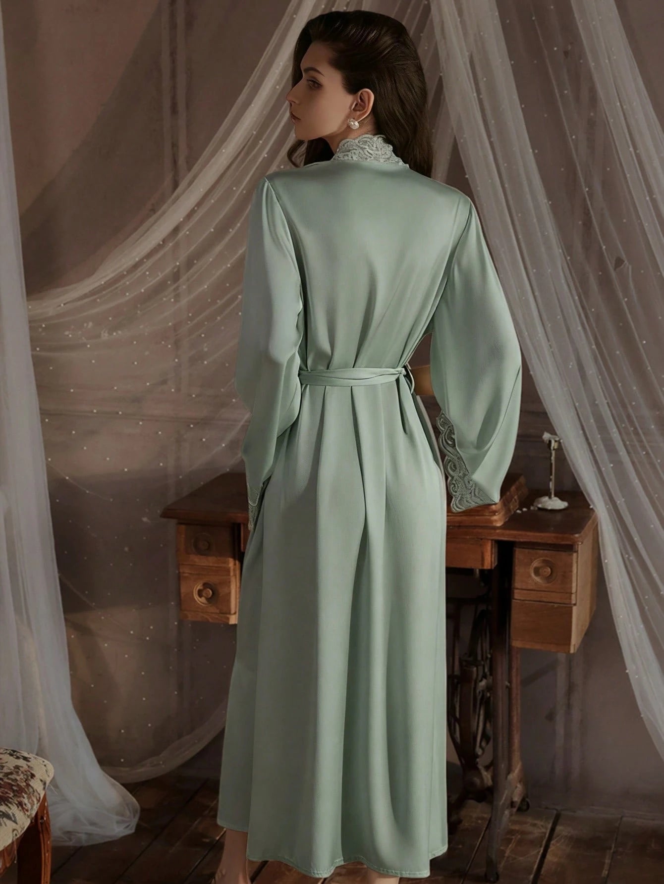 Robe In Lotus Root Color, Soft Lace Trim, Flared Long Sleeves, Silky & Comfortable, With Belt