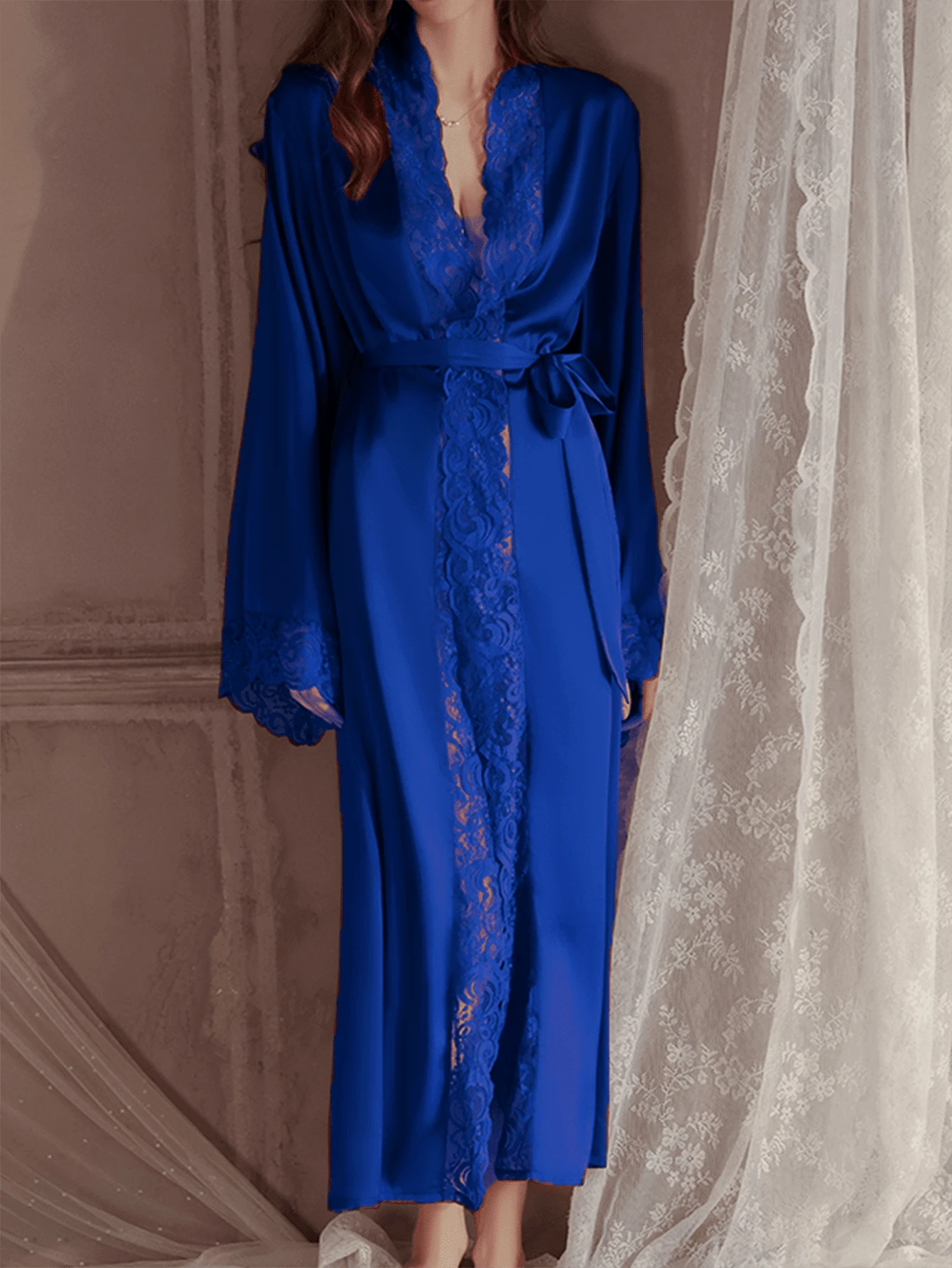 Robe In Lotus Root Color, Soft Lace Trim, Flared Long Sleeves, Silky & Comfortable, With Belt