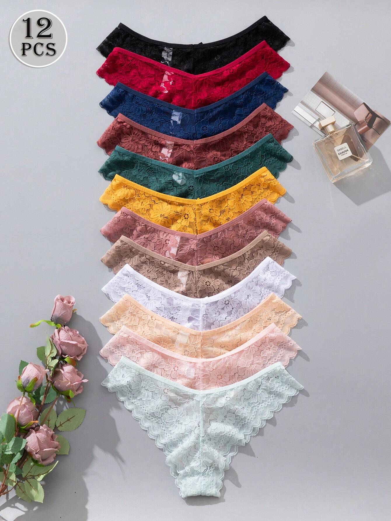 12pcs/Pack Women's Elegant & Comfortable Lace Trim Bikini Underwear