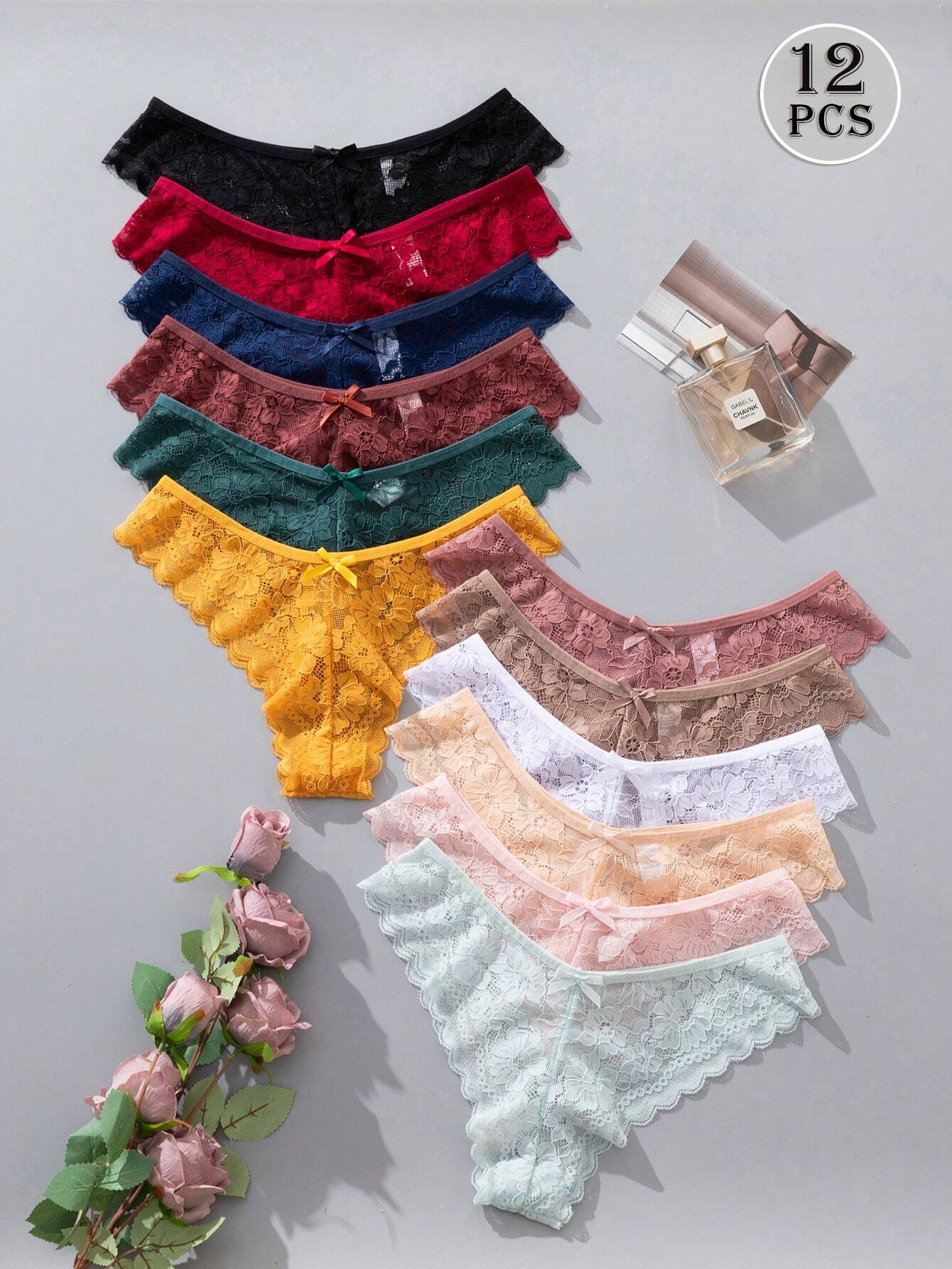 12pcs/Pack Women's Elegant & Comfortable Lace Trim Bikini Underwear