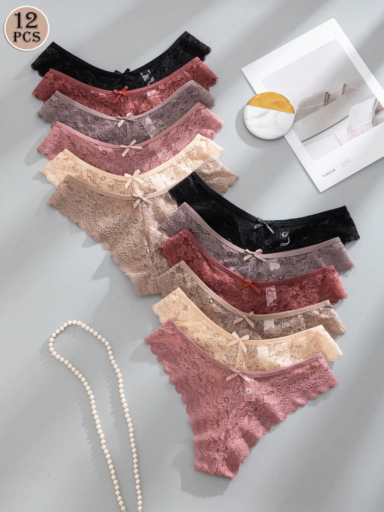 12pcs/Pack Women's Elegant & Comfortable Lace Trim Bikini Underwear