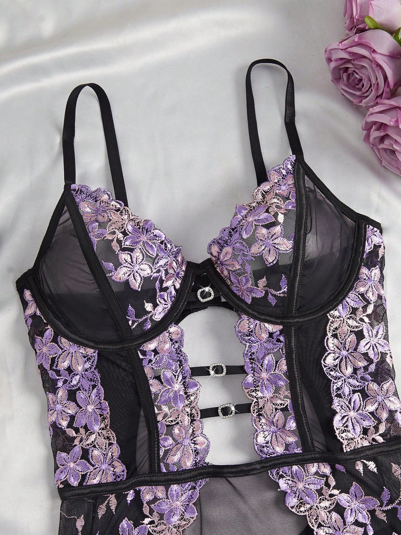 1pc Women's Sexy Lingerie Floral Embroidery Mesh Bodysuit