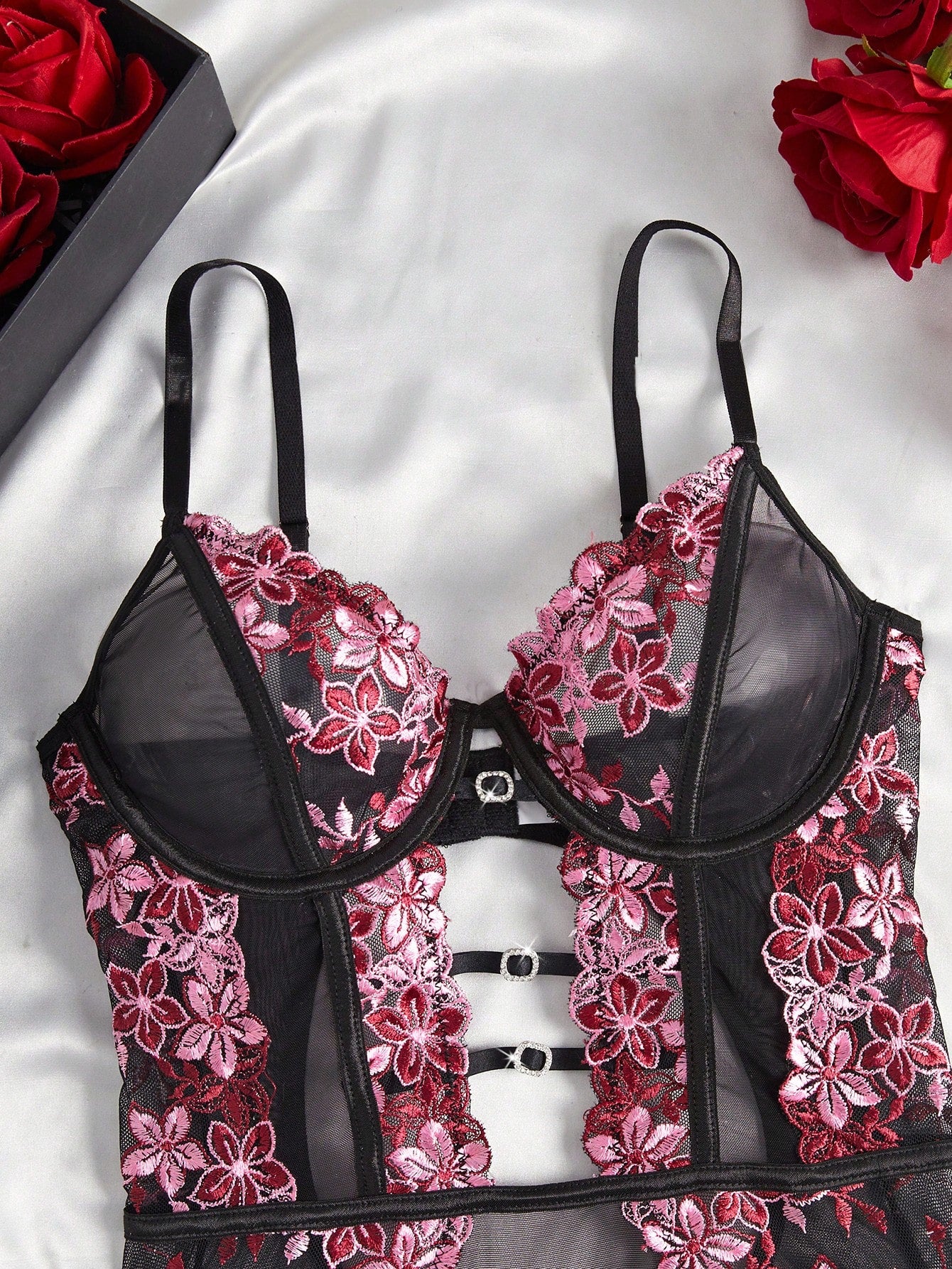 1pc Women's Sexy Lingerie Floral Embroidery Mesh Bodysuit