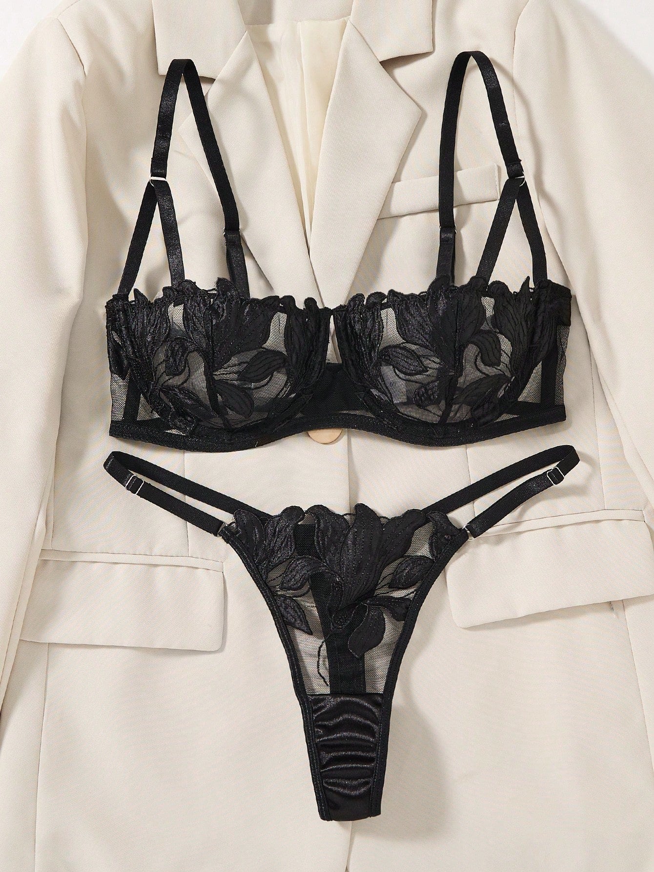 Women's Leaf Embroidery Mesh Sheer Bra And G-String Set