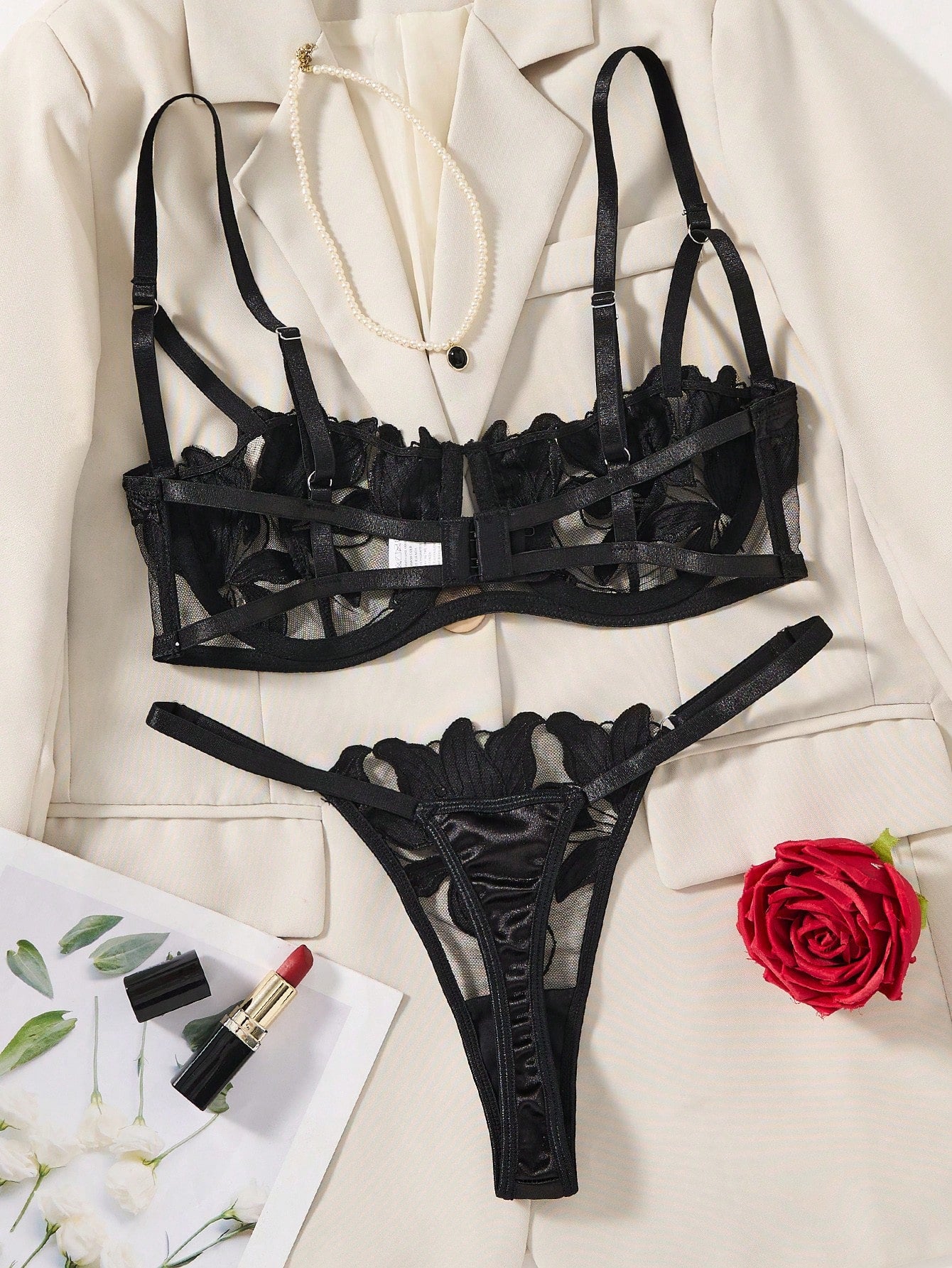 Women's Leaf Embroidery Mesh Sheer Bra And G-String Set