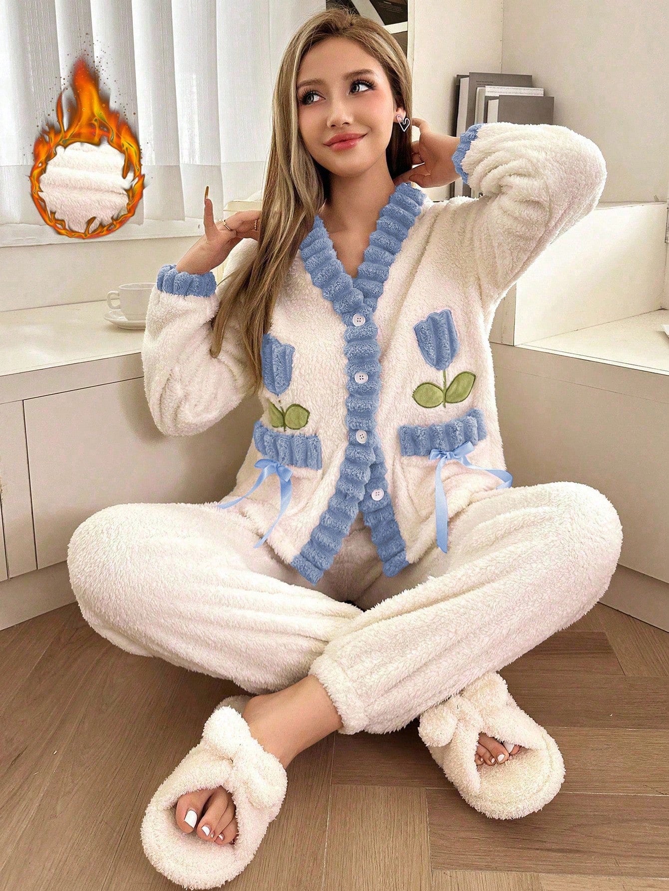 Pocket Bowknot Tulip Embroidery Contrast Trim Long Sleeve Top & Pants Fluffy Pajama Set